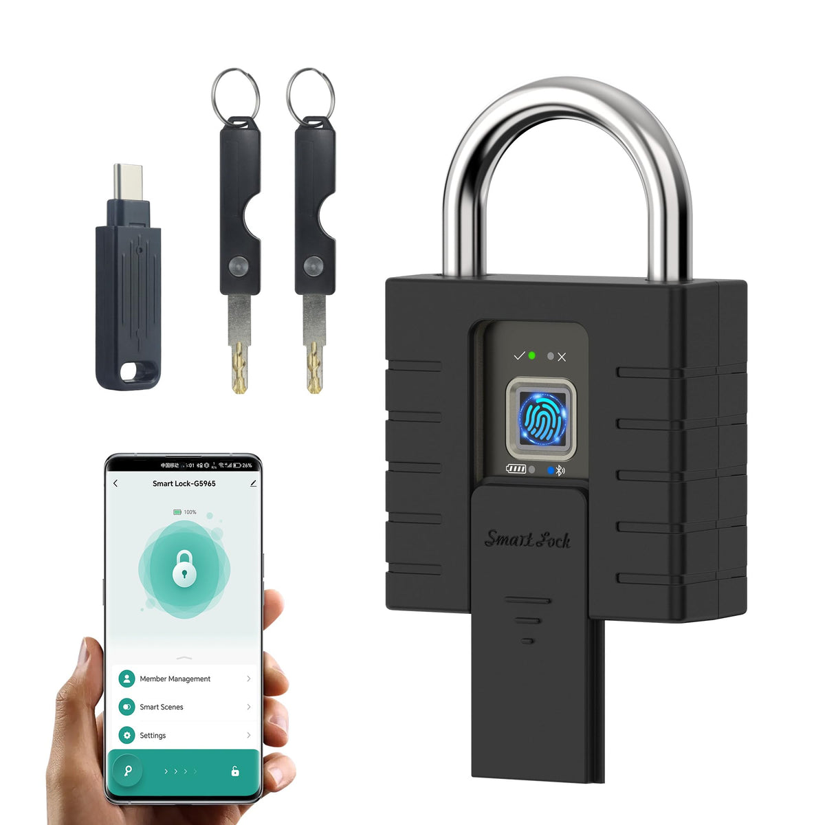 KENRONE Smart Padlock with Keys, Heavy Duty Fingerprint Padlock, Remote Authorization via Phone, with Rest Key and 2 Keys,Waterproof Padlocks for School Locker,Truck,Warehouse,Gate,Office,Door