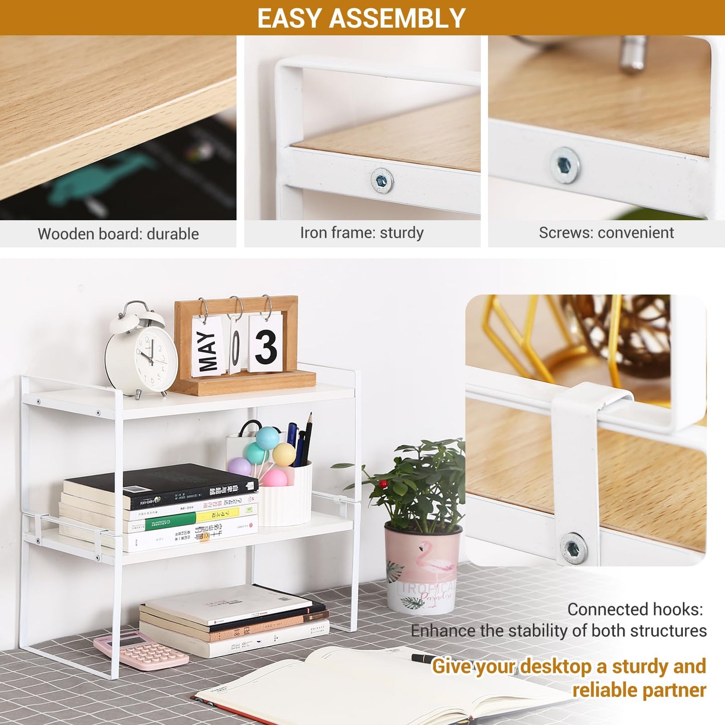 Desk Shelf Organizer for Top of Desk, Detachable 2 Tier Desktop Bookshelf, Wooden Desk Shelves Storage Rack, Small Desktop Shelf for Office Home Dorm, Tabletop Desk Organizer Stand (White+White)