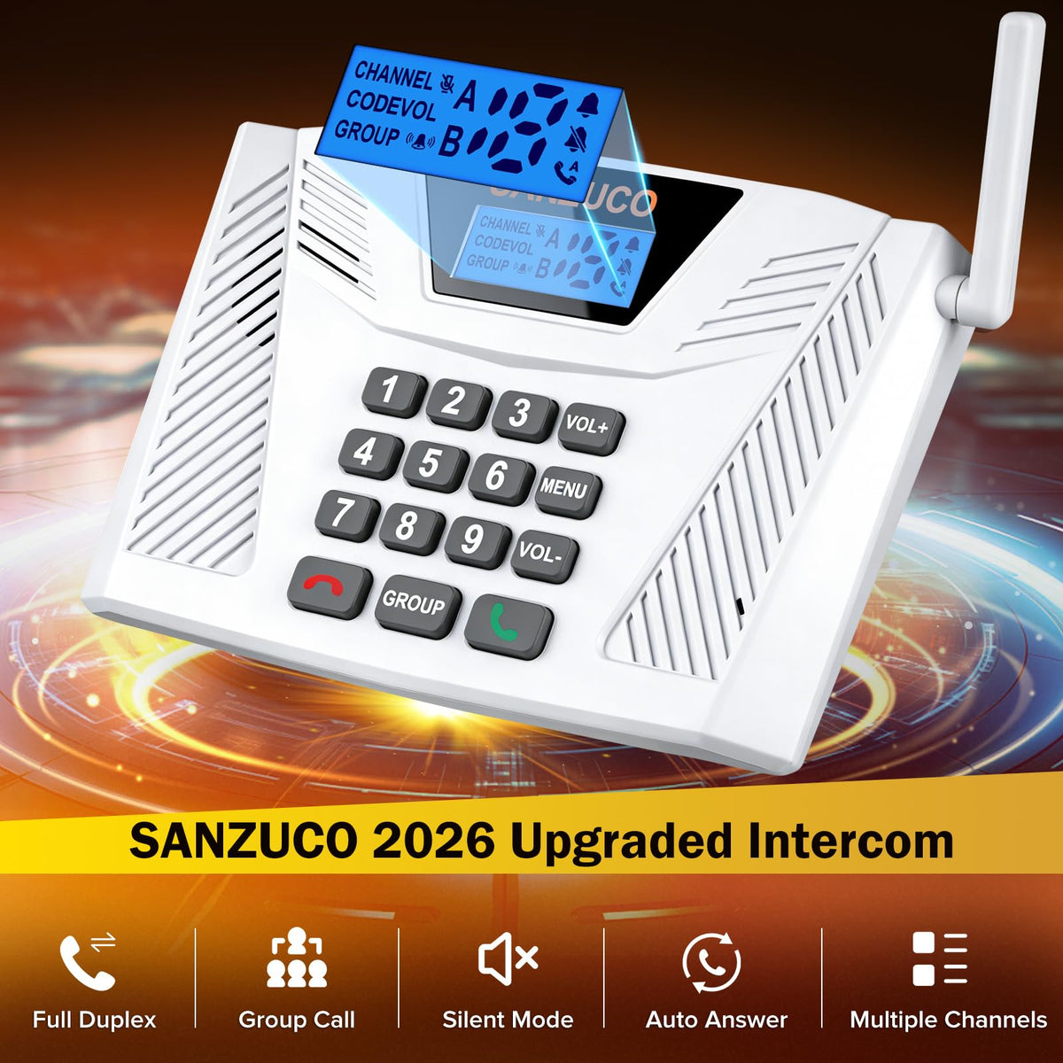 SANZUCO 60L Intercoms Wireless for Home, 1700ft 2026 Wireless Intercom System with Full Duplex & Group Call, Hands Free Two Way Real Time Home Intercom for Elderly, Kids & Office (2 Pack)