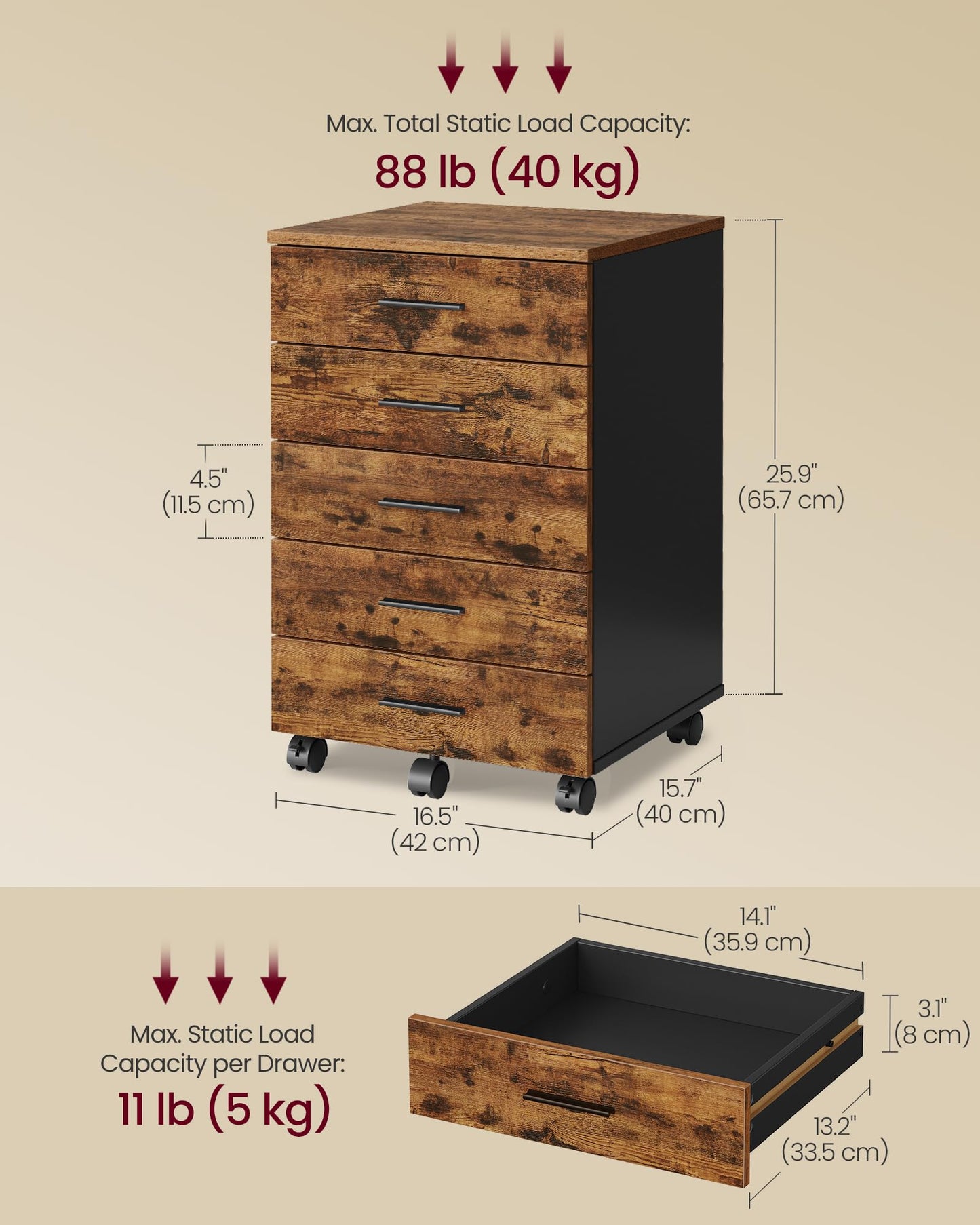 VASAGLE Custos Collection - File Cabinet, Mobile Pedestal Filing Cabinet with Wheels, Printer Stand with 5 Drawers, Tool-Free Sliding Rails, for Study, Home Office, Rustic Brown UOFC081KD01S