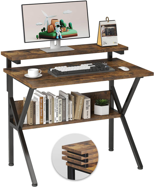 COTUBLR Small Desk, 27.5 Inch Small Computer Desk for Small Spaces, Computer Desk with Adjustable Monitor Stand, Compact Desk with Storage, Tiny Desk Study Desk for Bedroom Home Office, Rustic Brown