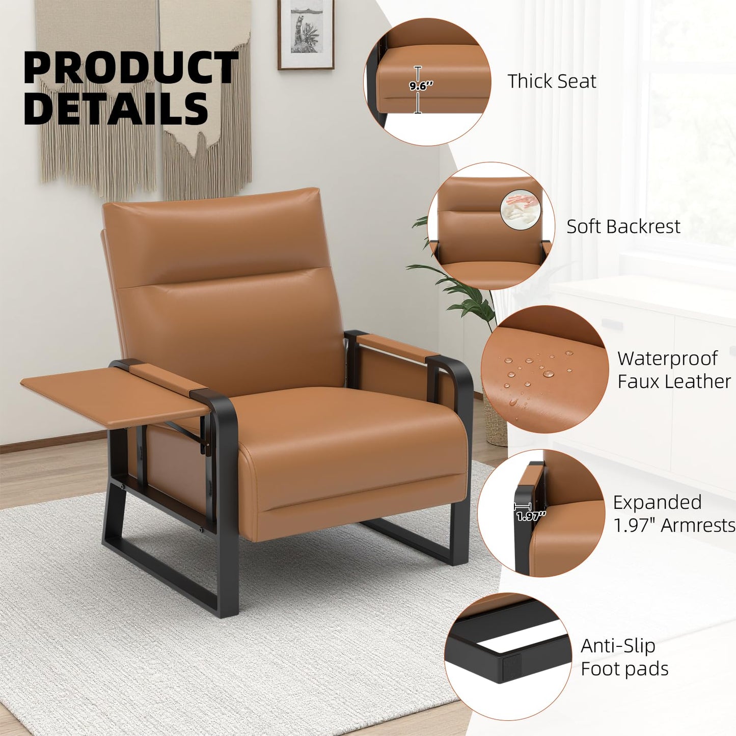 Tbillionnext Upholstered Accent Chair, Modern Faux Leather Sofa Chair with Foldable Side Tray Table & Storage Pocket, Small Accent Sofa for Living Room, Bedroom, Reception Room, Brown
