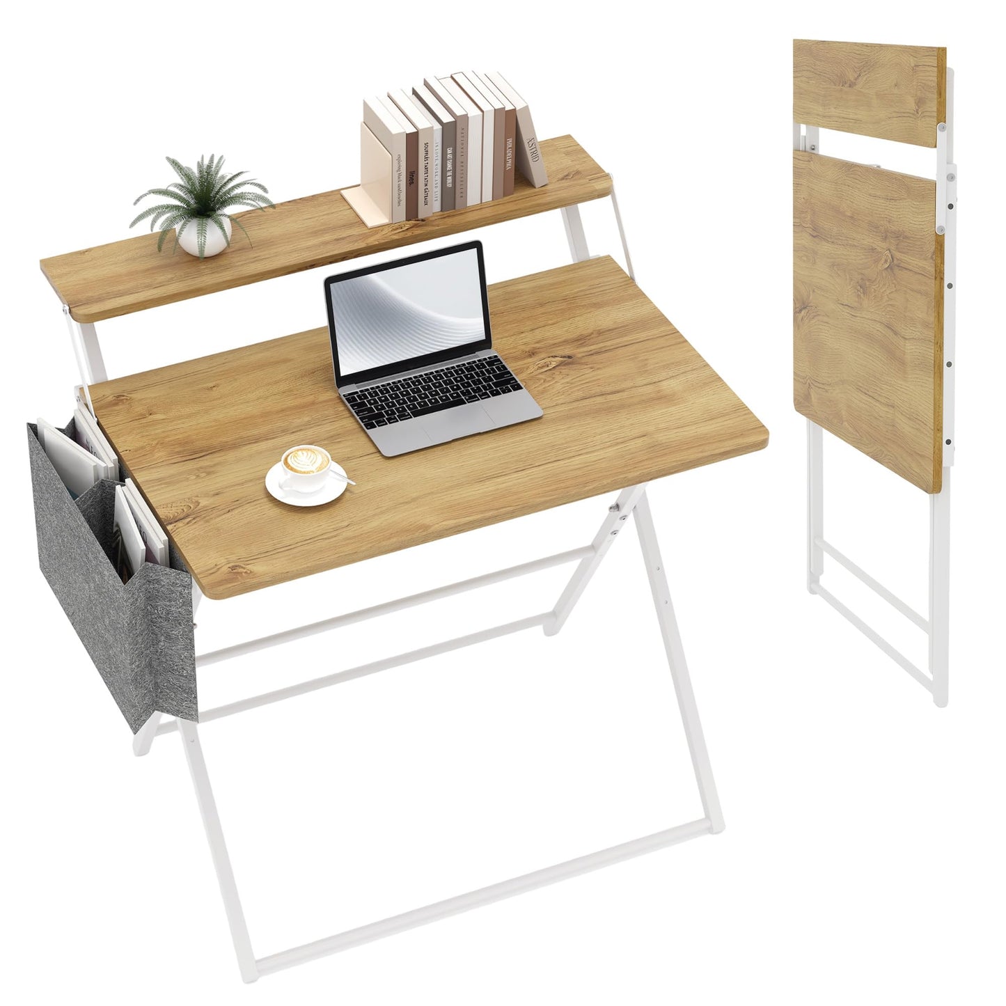 Small Desk No Assembly,31.5Inch 2-Tier Compact Computer Desk with Shelf & Side Pocket,Space Saving Foldable Table for Home Office, Bedroom or Apartment,Portable Collapsible Sturdy Laptop Desk,Oak
