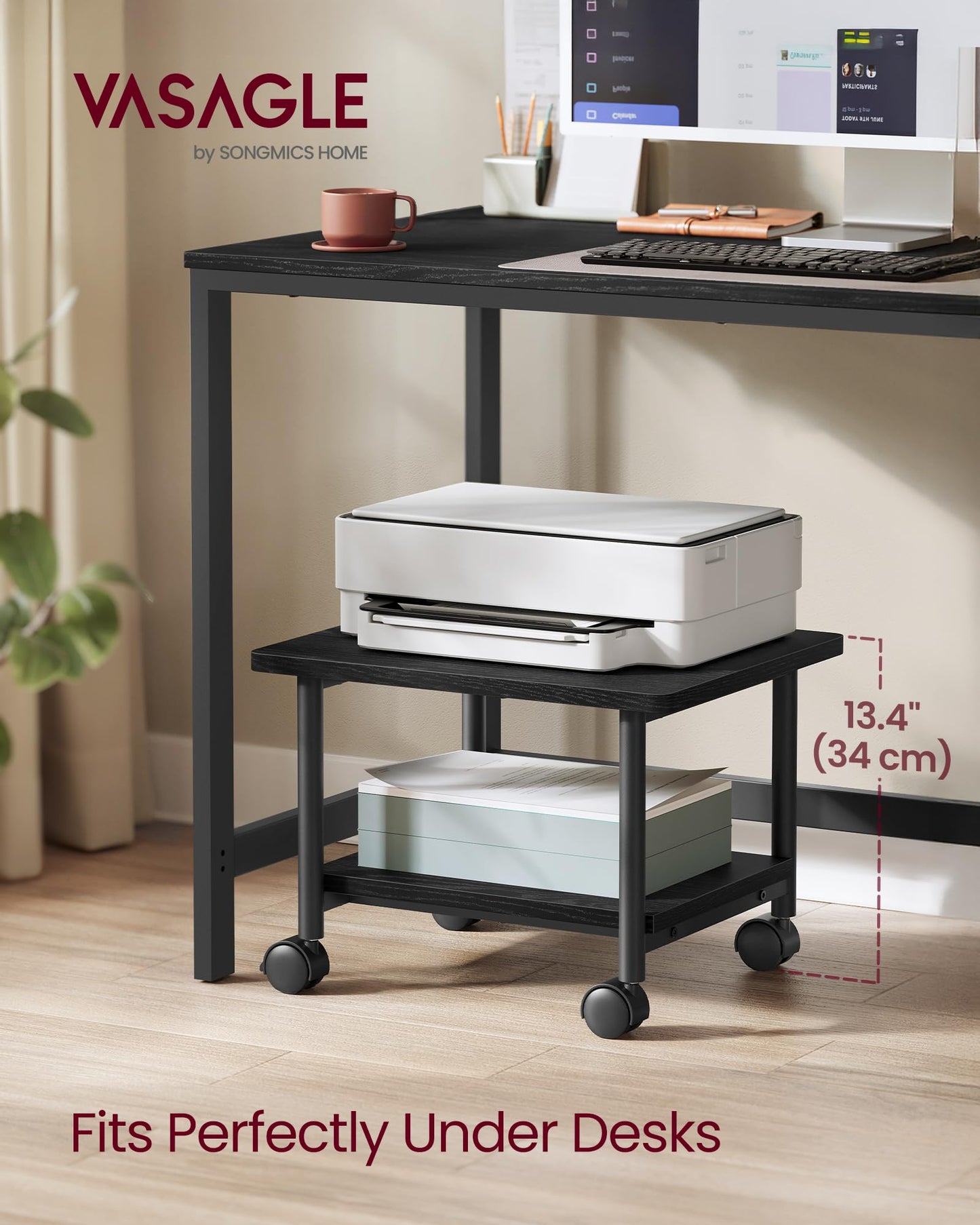 VASAGLE Printer Stand with Locking Wheels, Industrial Mobile Cart, Under Desk Printer Table for Home Office, 18.9 x 15.7 x 13.4 Inches, Storage Shelf, 2-Tier, Ebony Black
