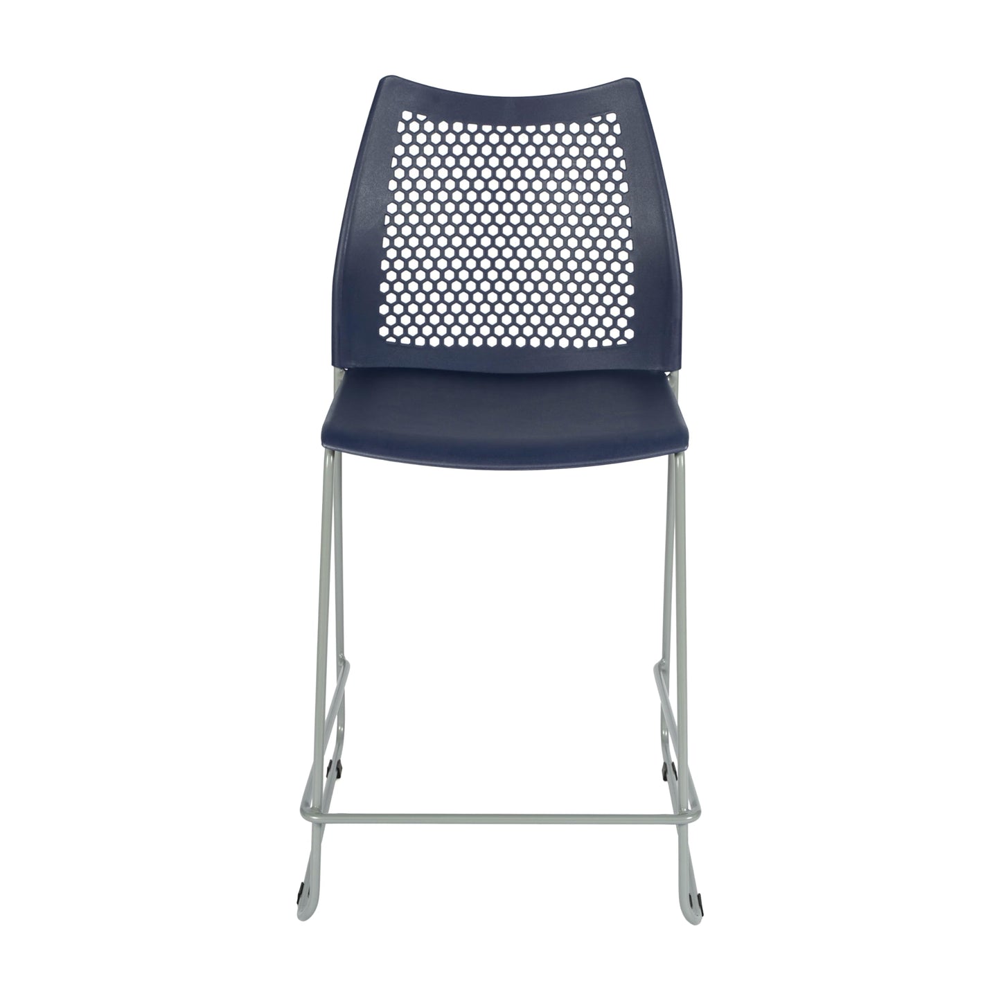 Flash Furniture Hercules Stacking Counter Height Stool with Vented Backrest and Gray Powder Coated Steel Sled Base with Integrated Footrest, Commercial Portable Stool, Set of 3, Navy