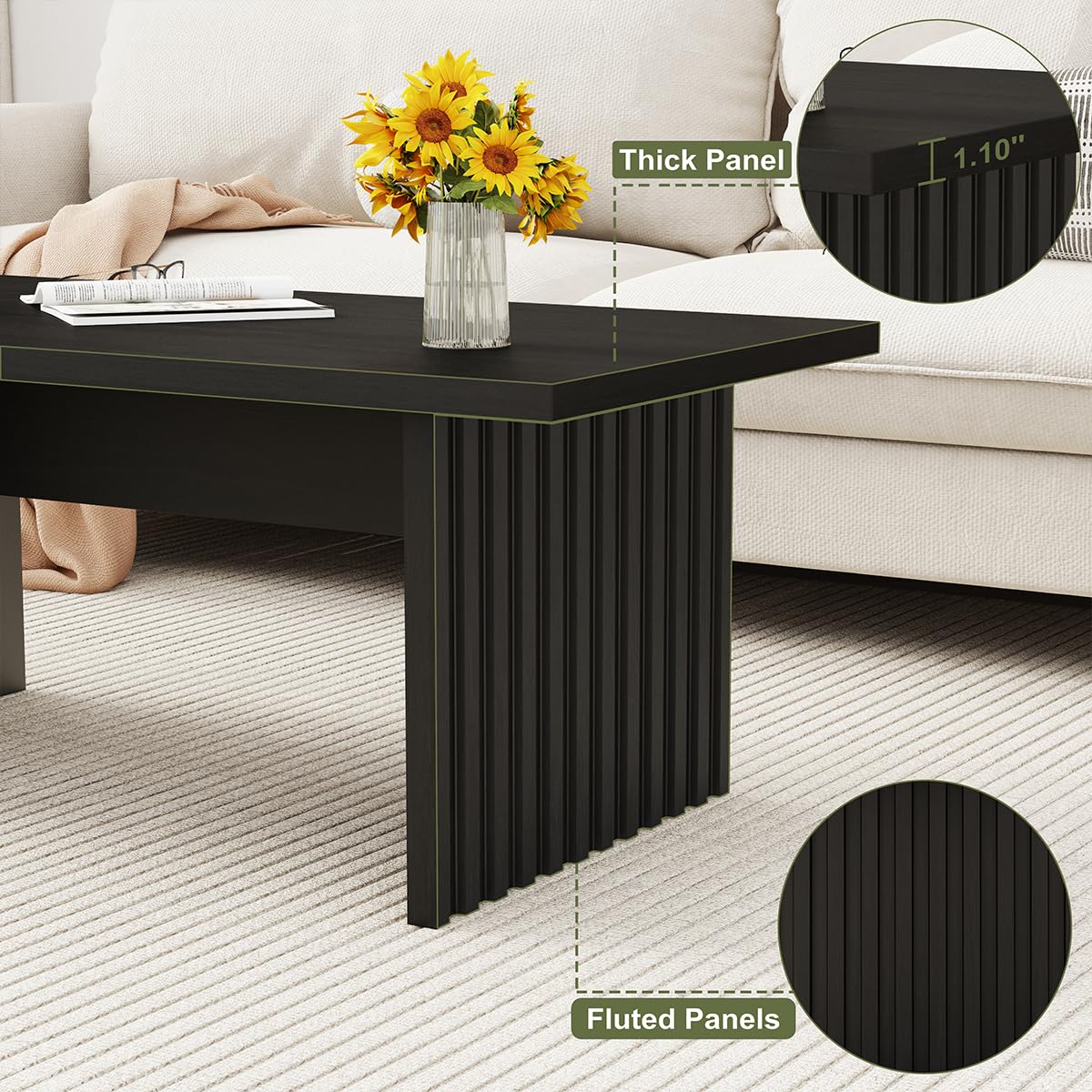 BON AUGURE Black Coffee Table, Modern Coffee Tables for Living Room, Wooden Center Table, Living Room Tables for Home, Office (Black Oak, 43Inch)