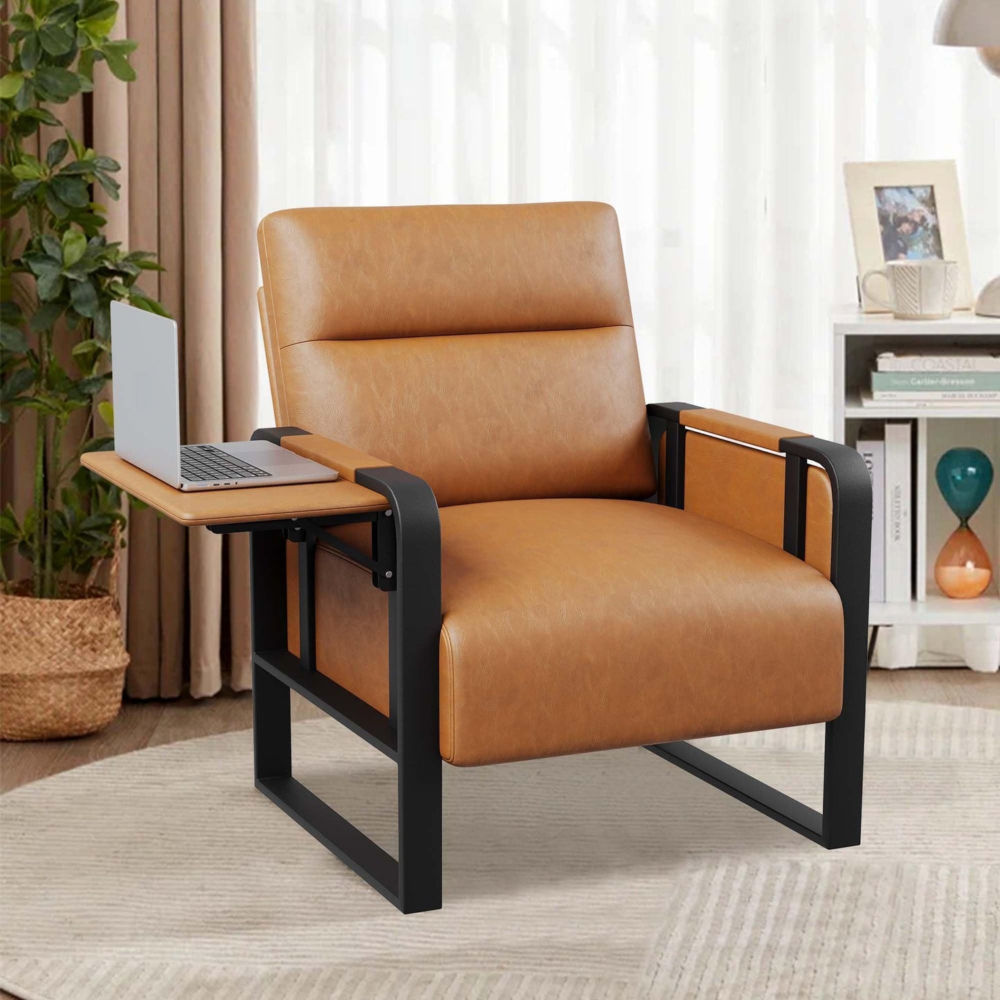 Apeaka Modern Brown Accent Chair PU Leather Upholstered Armchair with Foldable Side Table for Bedroom Living Room Chairs Office Chair