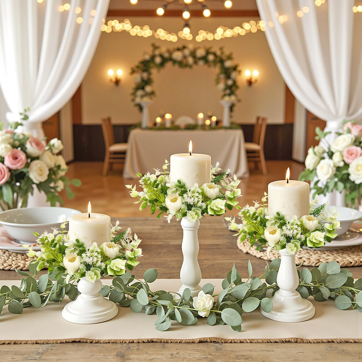 KHOYIME Floral Candle Rings Wreath 4PCS Small Spring Summer White Artificial Flowers Greenery Wreaths for Pillars, Mini Candle Holder Kitchen Cabinets Table Centerpieces Wedding Party Farmhouse Decor