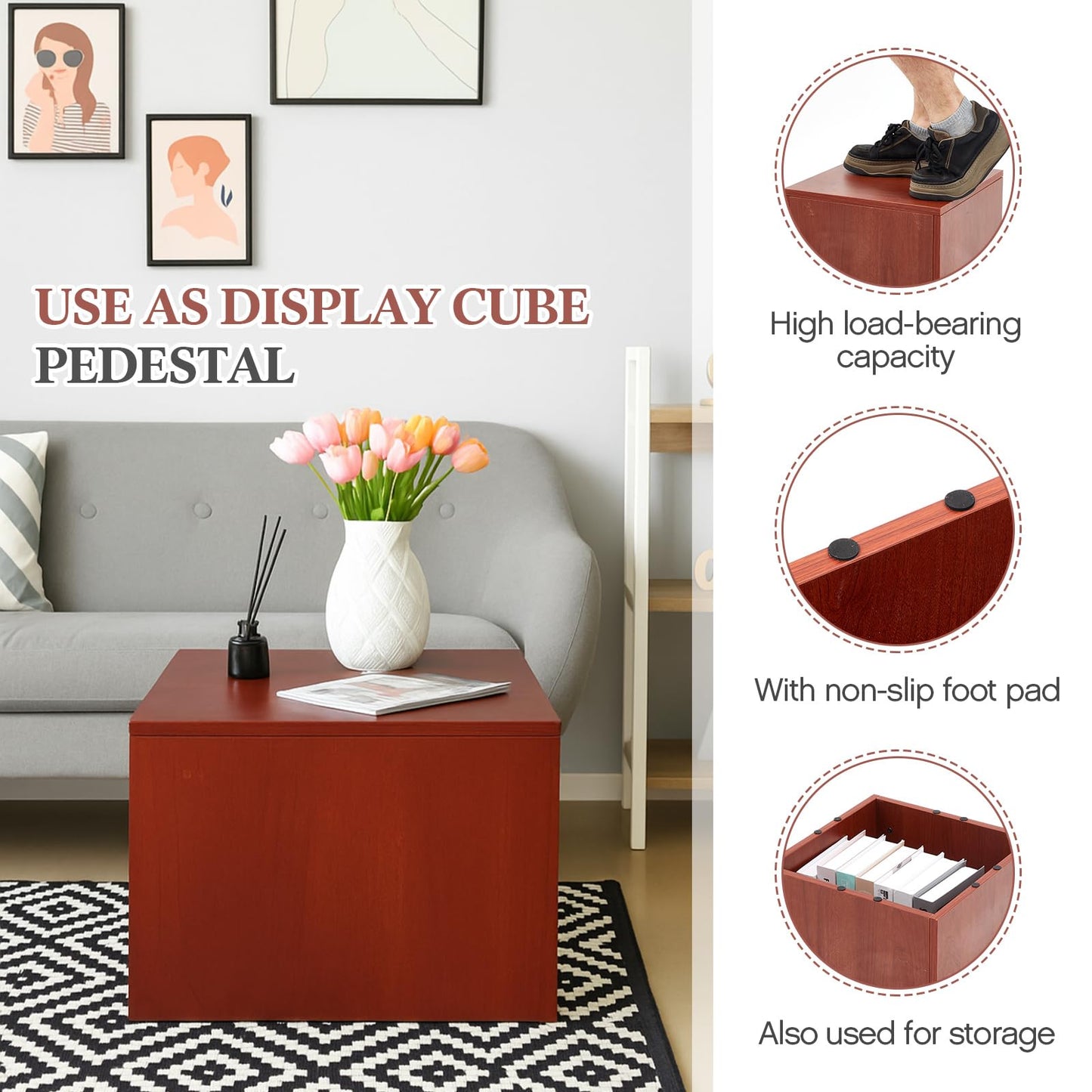 RattanView Wooden Cube Display Pedestal Stand, 15 x 15 x 12 Inch Sculpture Pedestal Stand, Display Riser Column Pillar Easy Assembly Required for Gallery Store Home Wedding Party Event Decor
