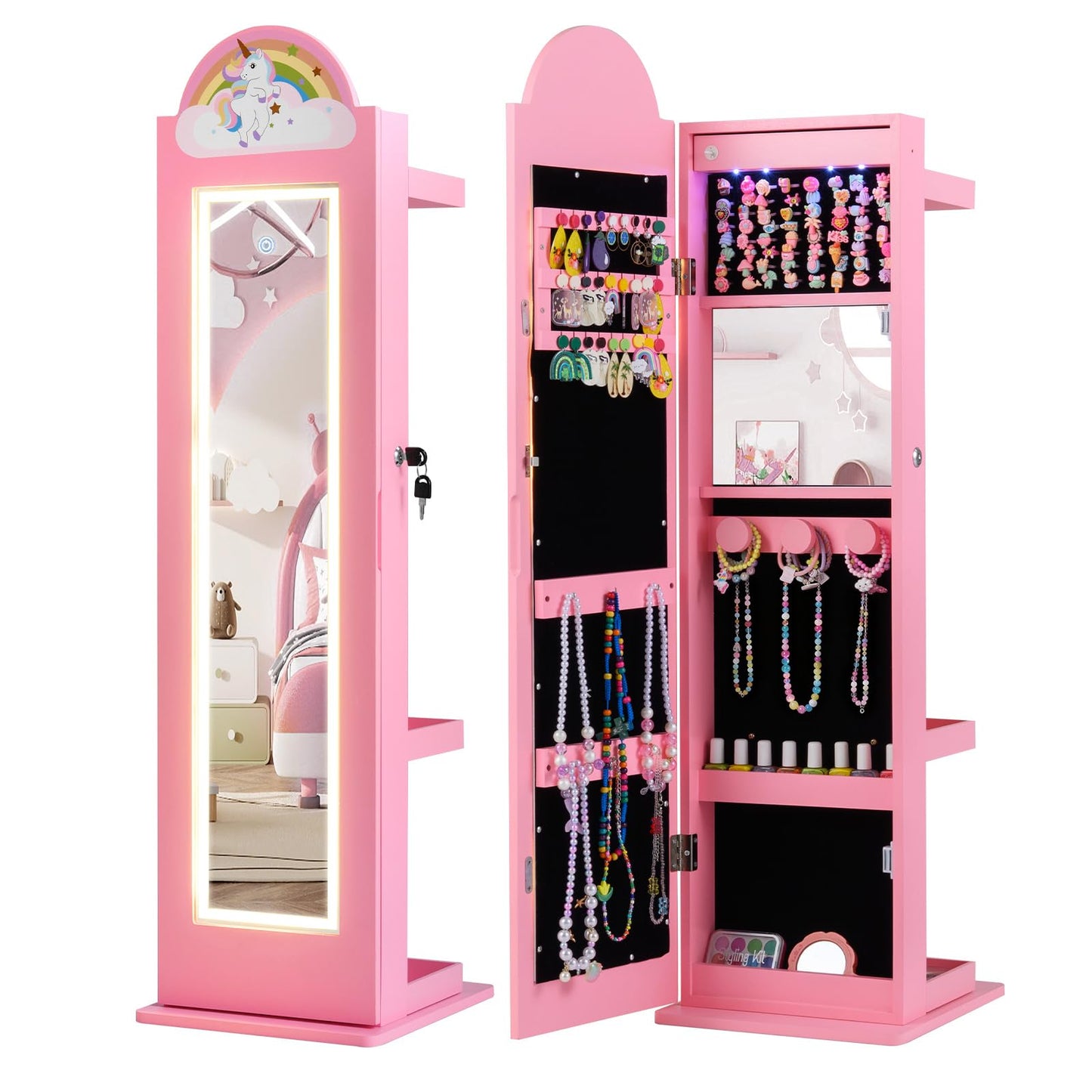 INFANS Kids Jewelry Armoire Cabinet with LED Lights, Lockable Standing Organizer with Full-length Mirror, Unicorn Theme Children Vanity Dress Up Storage Rack for Girls