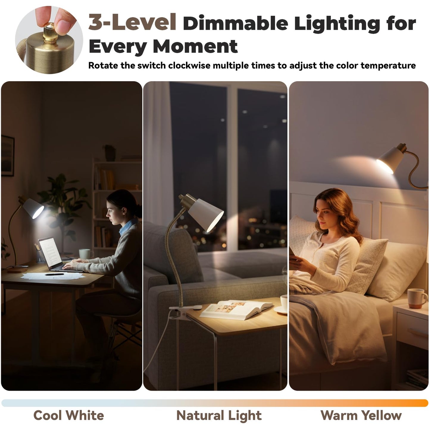 Desk lamp Eye-Caring Table Lamps, 360°Rotation Gooseneck Clip on Lamp Reading Light, Portable Reading Book Light, Clamp Light, Study Desk Lamps for Bedroom and Office Home Lighting (Black and White)