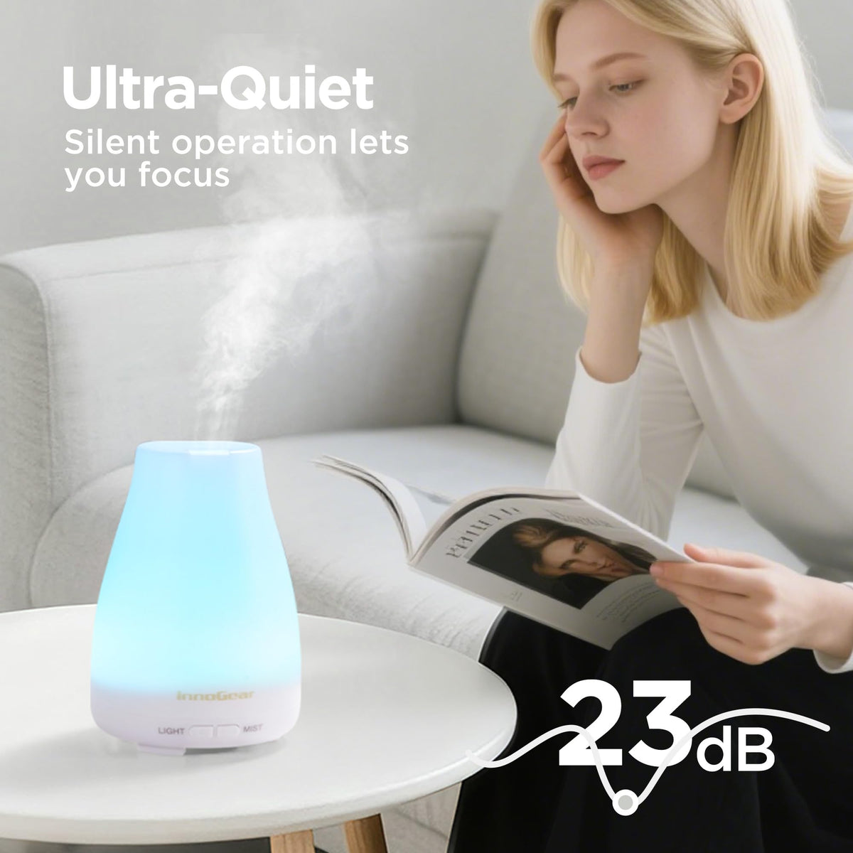 InnoGear Essential Oil Diffuser, Ultrasonic Diffusers for Home Aromatherapy Humidifier for Mother's Gift Bedroom Room 7 Colors LED 2 Mist Mode Auto Off, Basic White