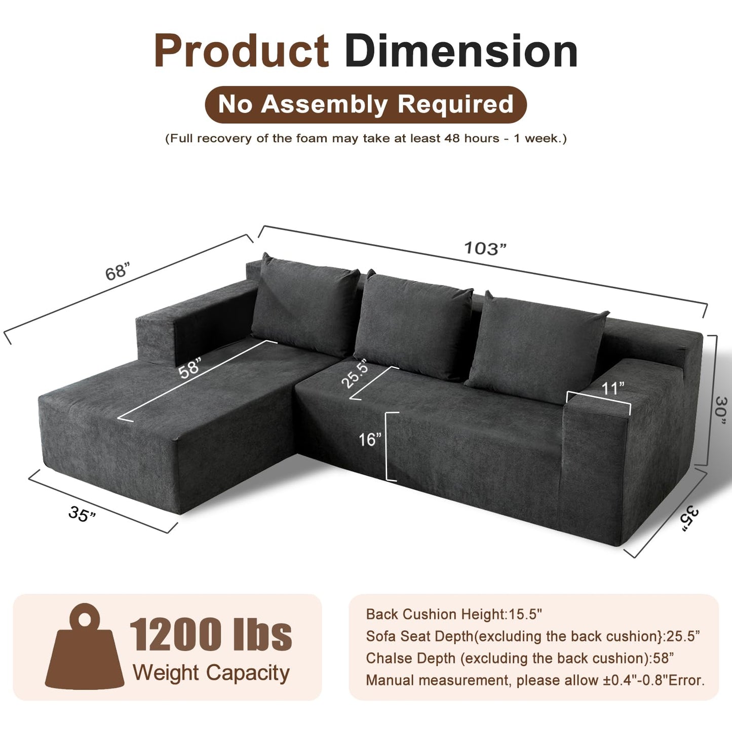 Nigoone 103" Cloud Sectional Couches for Living Room, Boneless Couch with Chaise, Modern Minimalist Modular Couch, Free Combination Deep Seat Corner, No Assembly Required, Dark Grey