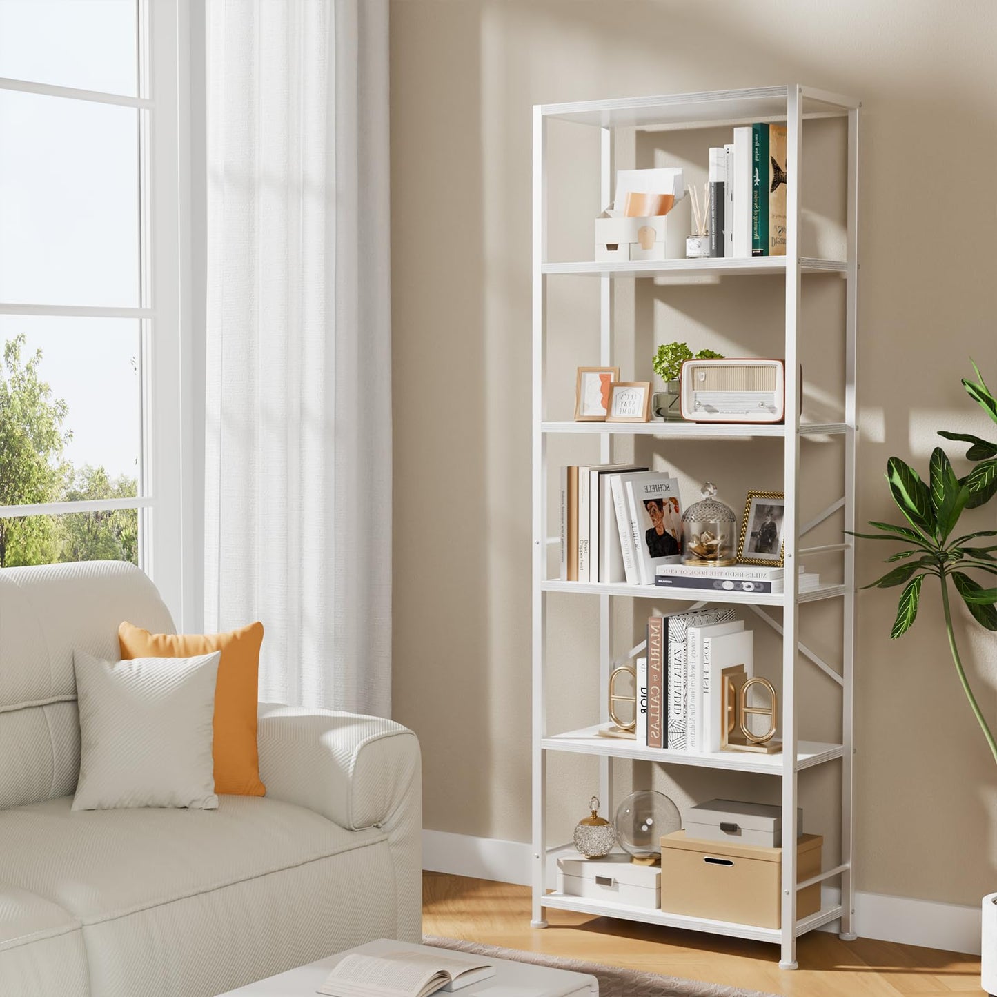 Furologee 6 Tier Book Shelf, Tall Wide Bookshelf, Modern Open Bookcase, Display Shelves Storage Organizer, Shelving Unit for Living Room, Home Office, Bedroom, Kitchen, White