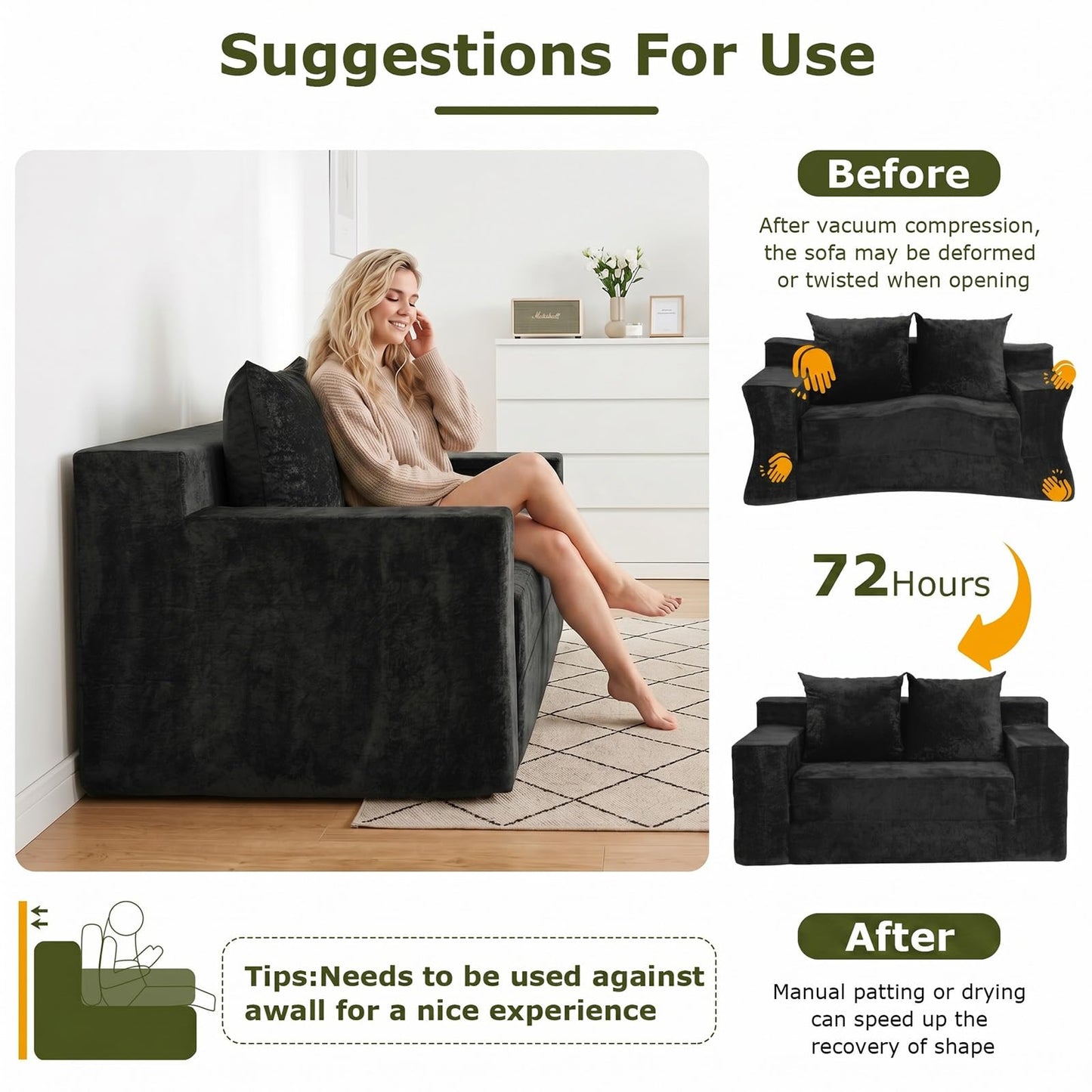 feliz home Boneless Loveseat Couch, Convertible Sofa Bed Folding Couch Bed, Boneless Chair Bed & Futon Sofa Bed, Small Pull Out Couch Foldable with 4 Pillows for Living Room, Black