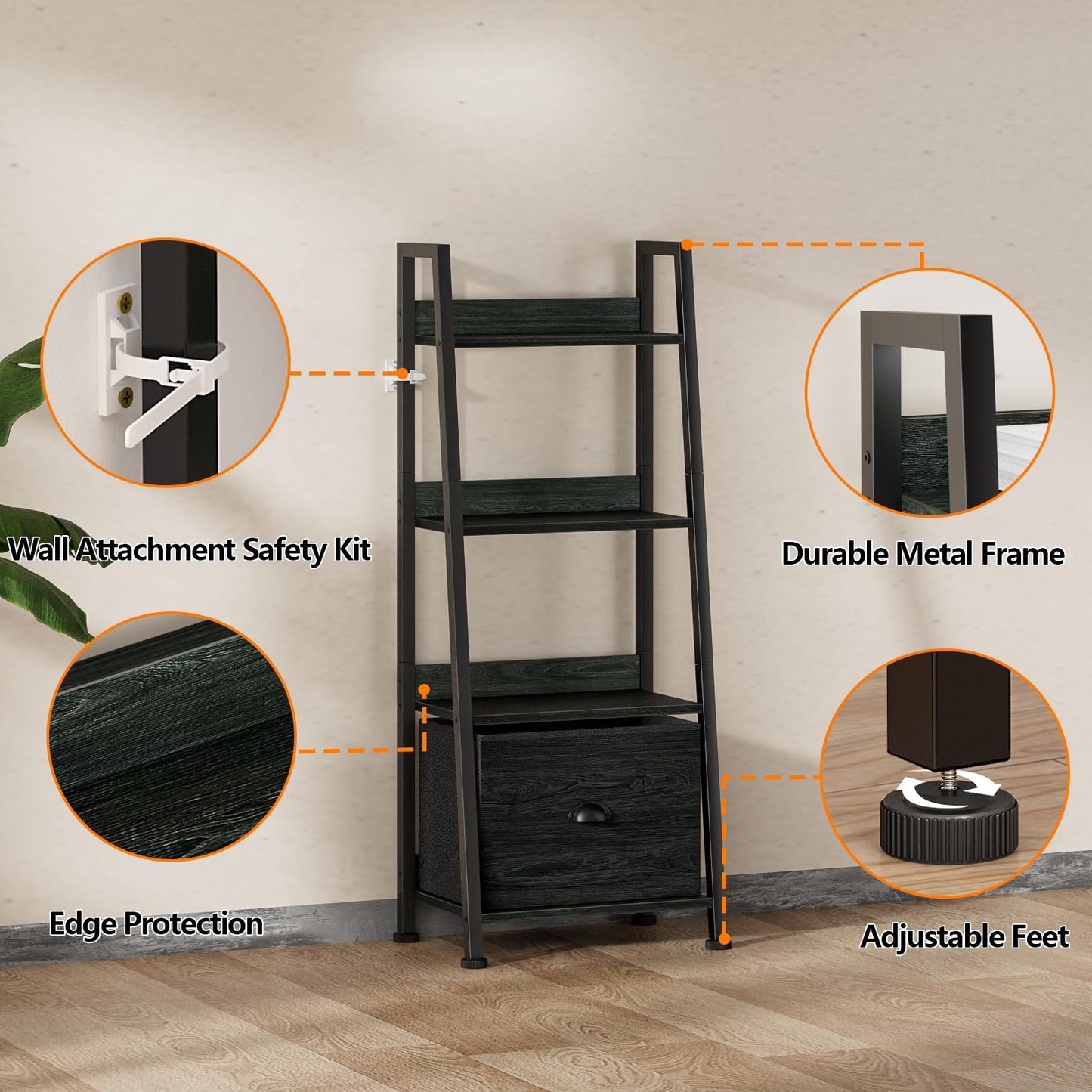 Furologee 4-Tier Ladder Shelf, Ladder Bookshelf with Removable Drawer, Bookcase Storage Rack Organizer, Freestanding Storage Shelves for Living Room, Home Office, Bedroom, Black Oak