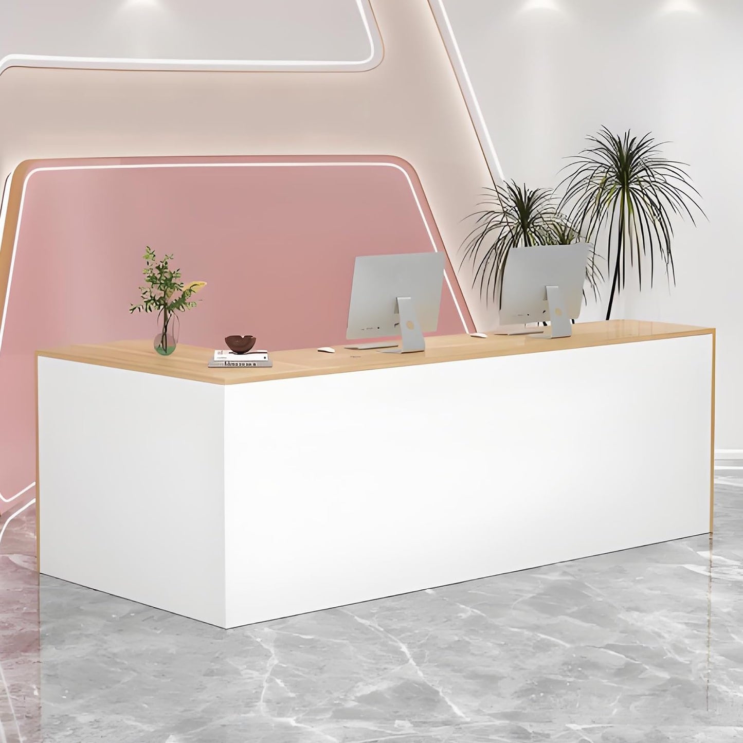 Reception Desk, Wooden Front Desk with Open Shelf and Lockable Function, Retail Corner Computer Desk for Salon, Office, Restaurant(Wood+White R)
