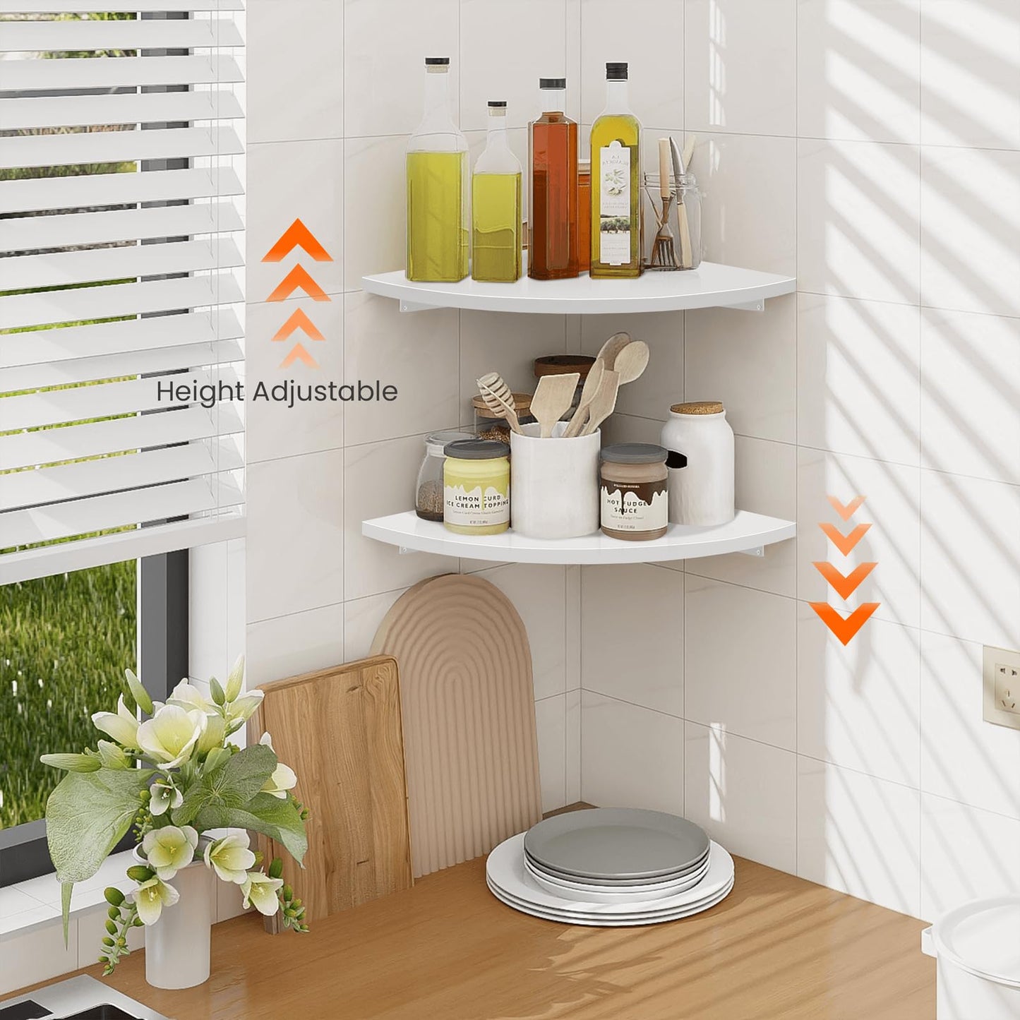 Homode Corner Wall Shelf, 12 in Wide Rounded Corner Shelf Floating, Set of 2 Wooden Hanging Corner Shelves with Wire Hole for Bathroom Living Room Office, White