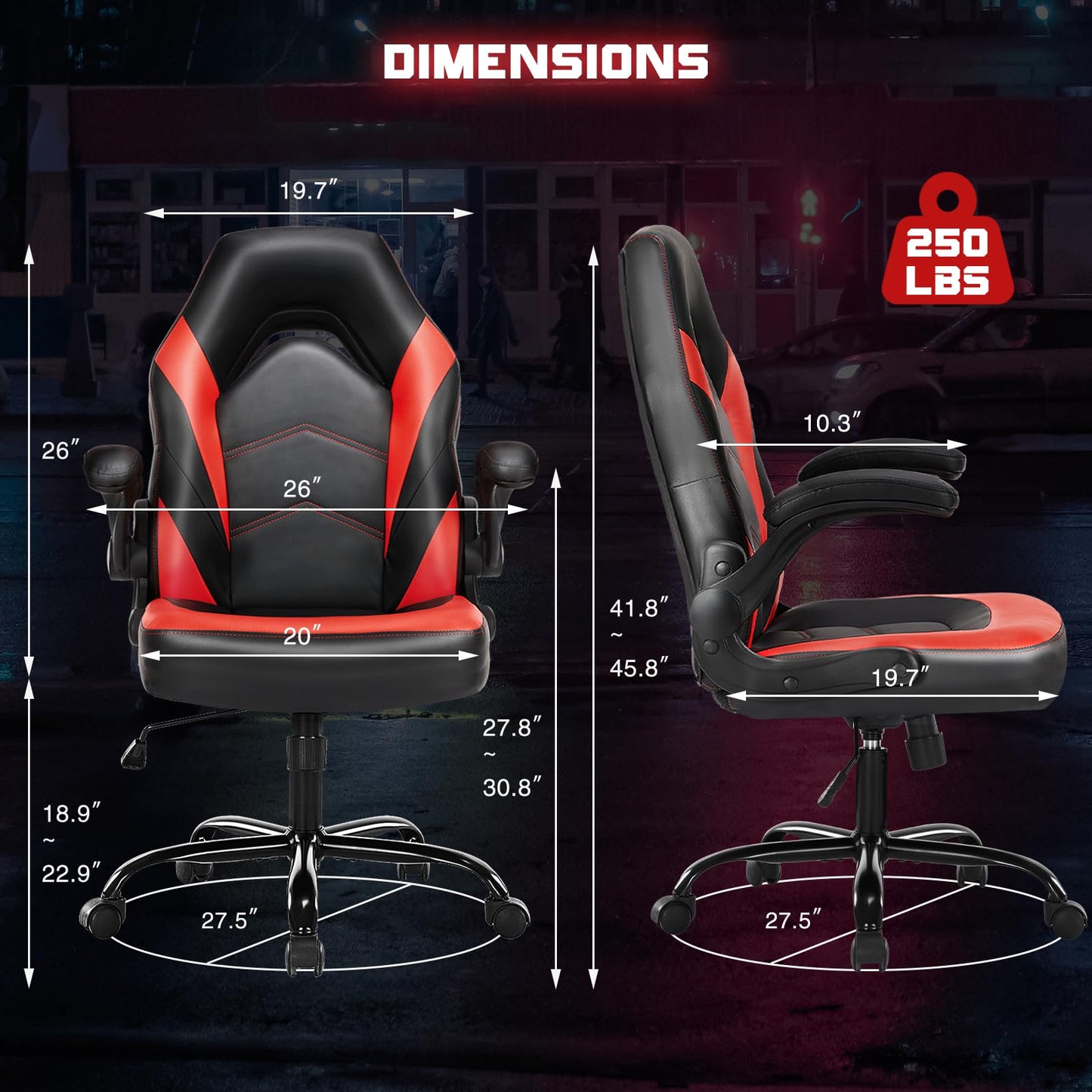 Sweetcrispy Computer Gaming Chair - PU Leather Ergonomic Lumbar Support with Flip-up Armrest and 360° Swivel Wheels, Height Adjustable Task Home Office Desk Video Racing, Red