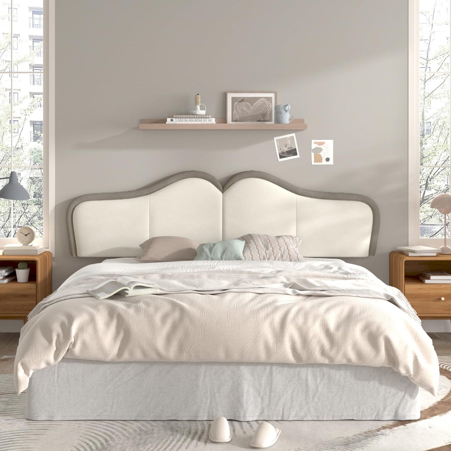 HouseMila King Headboard,Upholstered Headboards Bed Head Board Modern Wave Shaped Velvet Wall Mount Bed Headboard for Stylish Bedroom Decor(King,Beige+Brown)