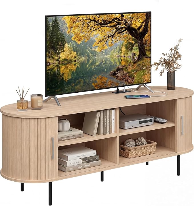 Tangkula Fluted TV Stand for TVs up to 60”, Mid Century Curved Entertainment