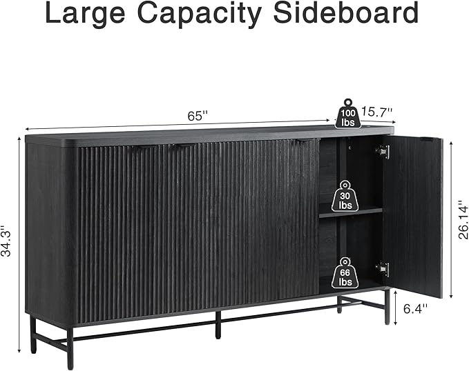 Fatmok 65" Buffet Cabinet with Storage, Fluted Credenza Sideboard with 4 Doors