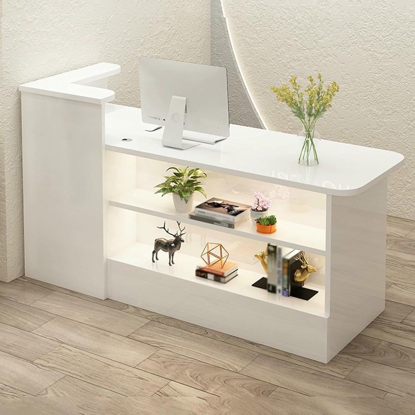 Reception Desk, Retail Checkout Counter, Front Desk Reception Counter, Wooden Checkout Office Desk with Lockable Drawer and LED Light, for Salon Reception Room Store Hotel(White+Beige L,100cm/3