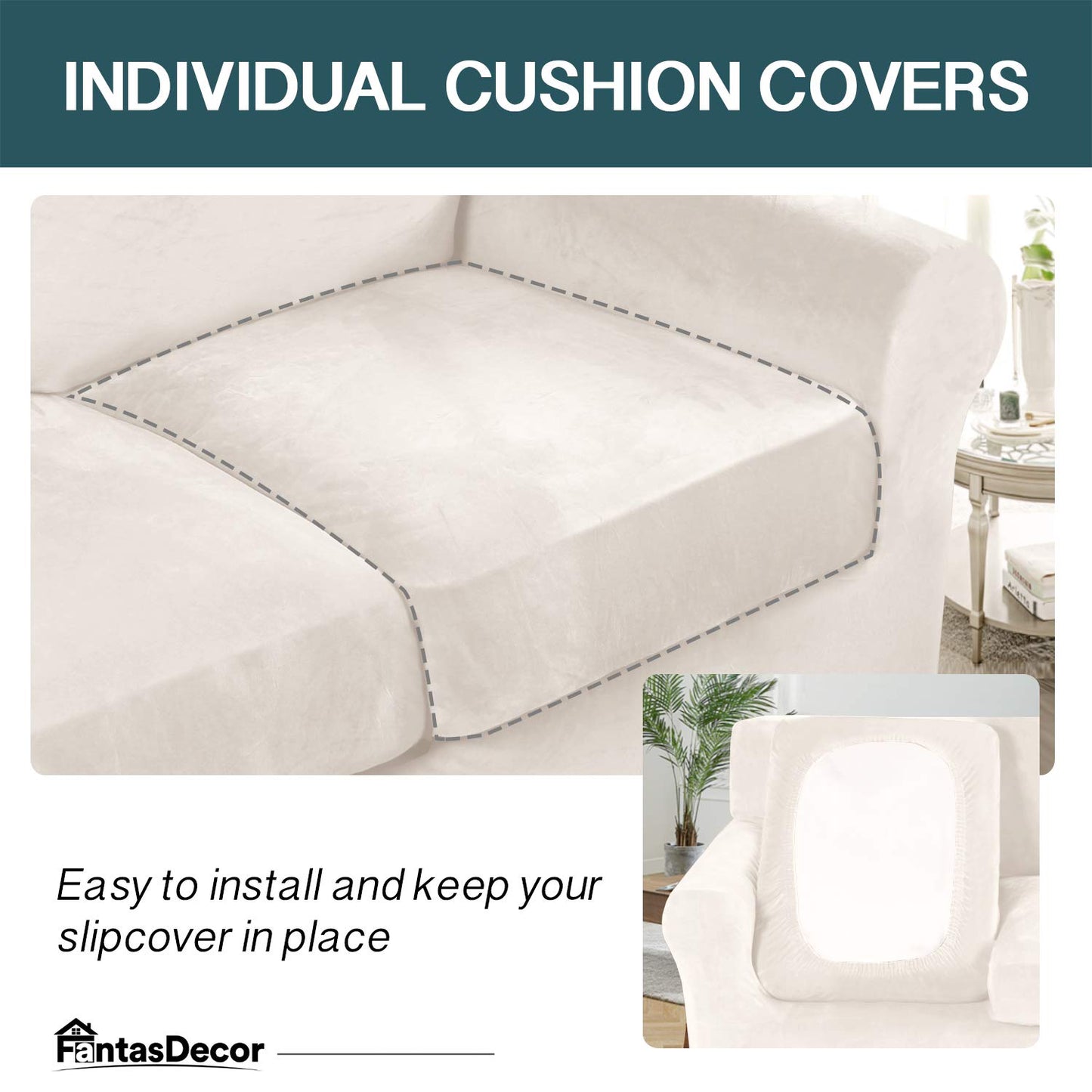 FantasDecor 3 Piece Sofa Covers Velvet for 2 Cushion Couch Stretch Loveseat Slipcover with Individual Seat Elastic Furniture Protector for Pets (Loveseat, Ivory)
