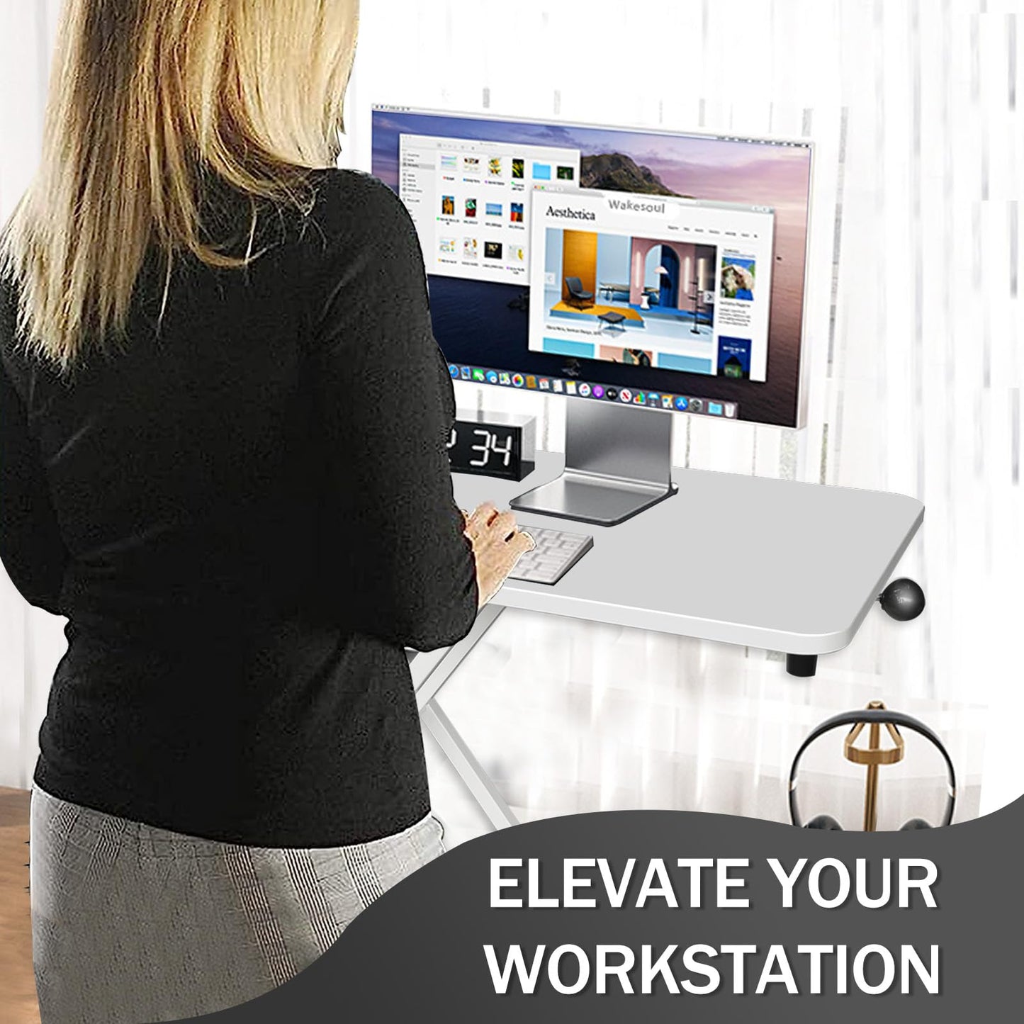 Aconcept Extra-Slim 24 x 14 inch White Lift Standing Desk Converter, Manual Adjustable Height Sit Stand up Desk Riser, Compact for Monitor or Laptop Workstation