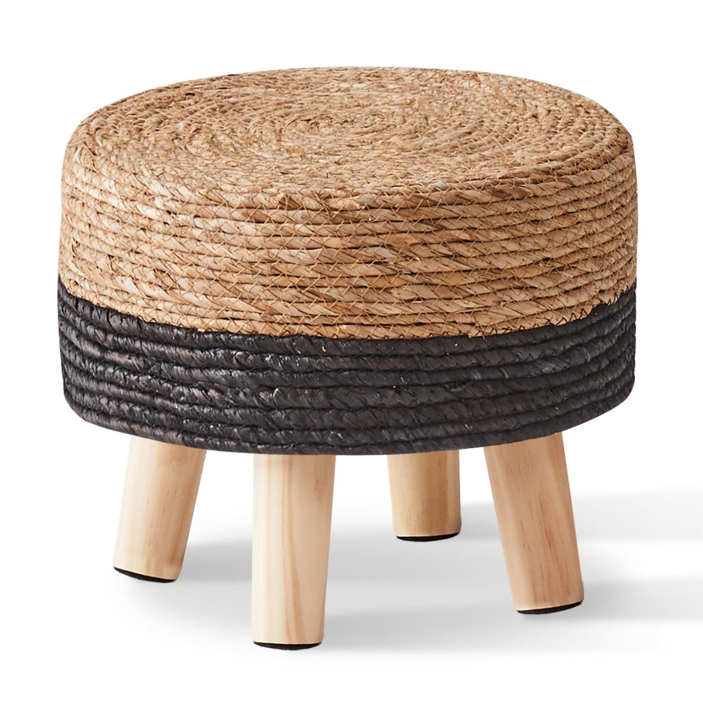 Cpintltr Ottoman Natural Seagrass Footrest Poufs Hand Weave Round Foot Stool for Couch Desk Soft Step Stool Padded Foot Rest with Pine Legs for Living Room Bedroom Natural/Black