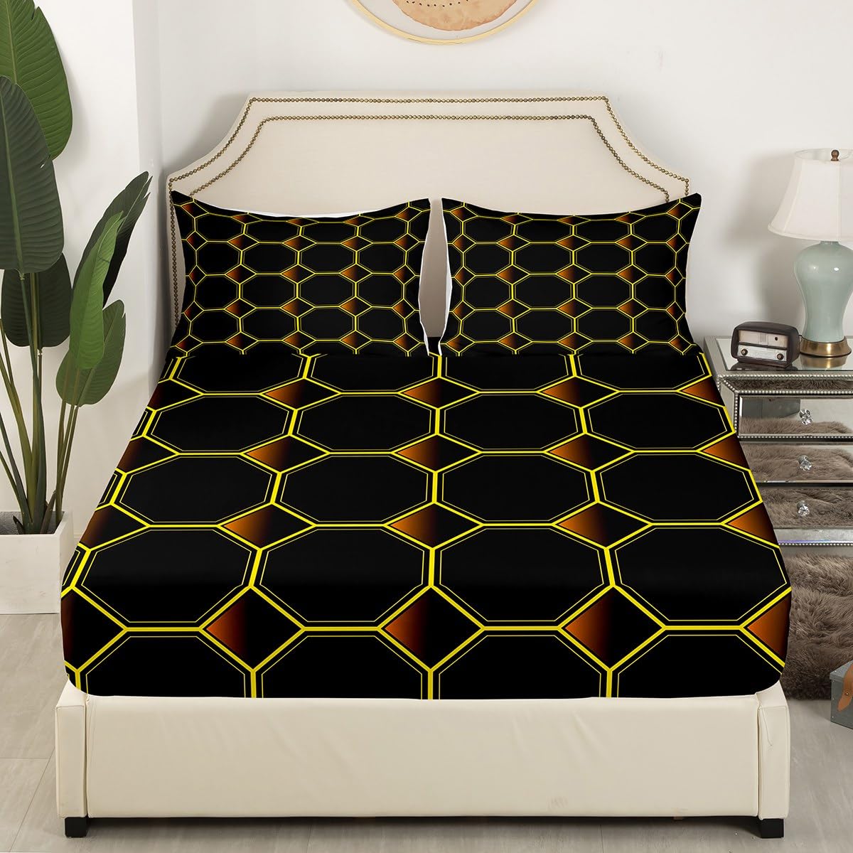 Honeycomb Bed Sheets Set Queen Size Geometric Hexagonal Beehive Sheet Set for Boys,3D Stereoscopic Yellow Hexagon Sheets,Neon Simplistic Geometrical Black Room Decor