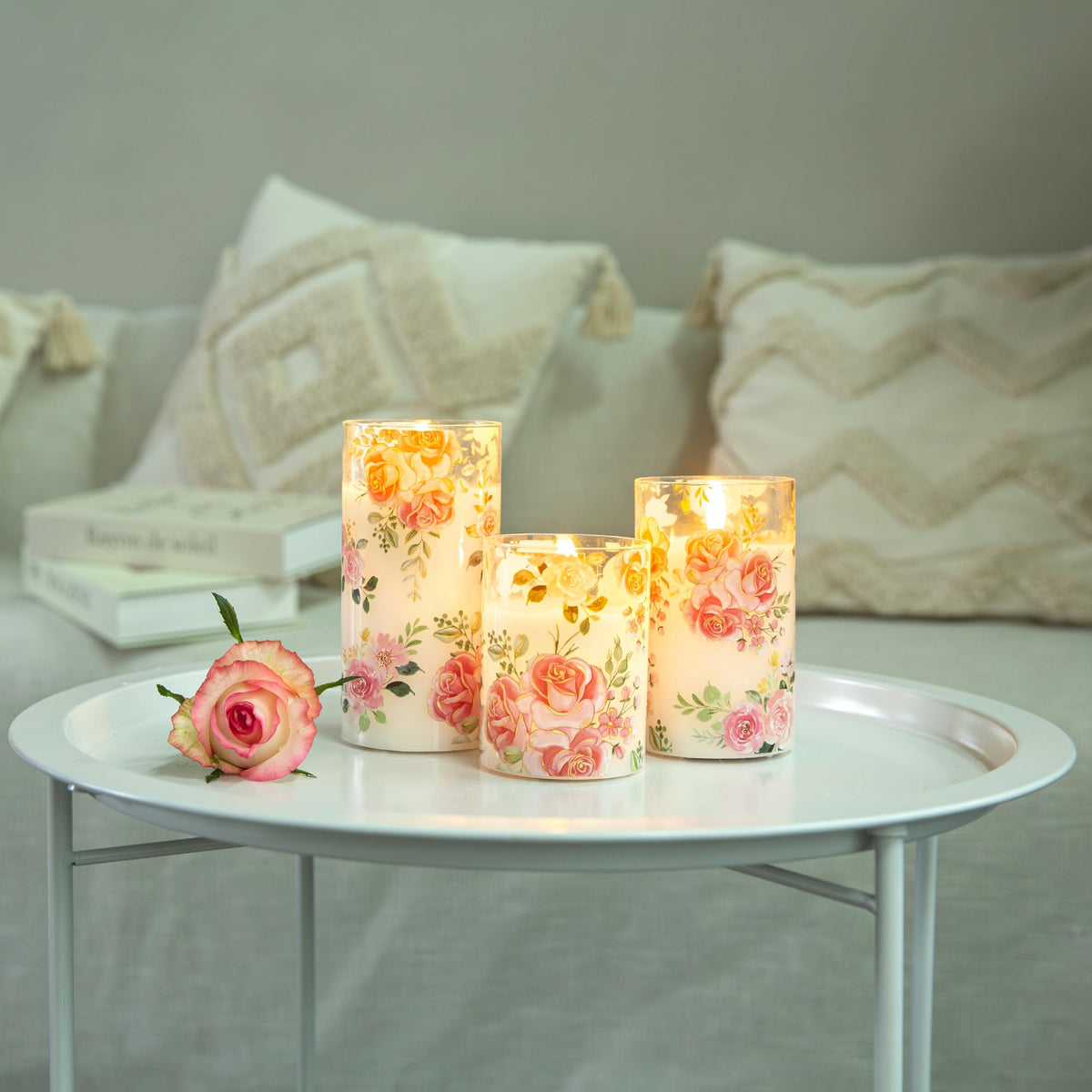LUSHARBOR Flameless Candles with Remote, Battery Operated Glass Candles Pink Rose Flickering LED Candles Real Wax Floral Christmas Decor Electric Pillar Candles Set of 3