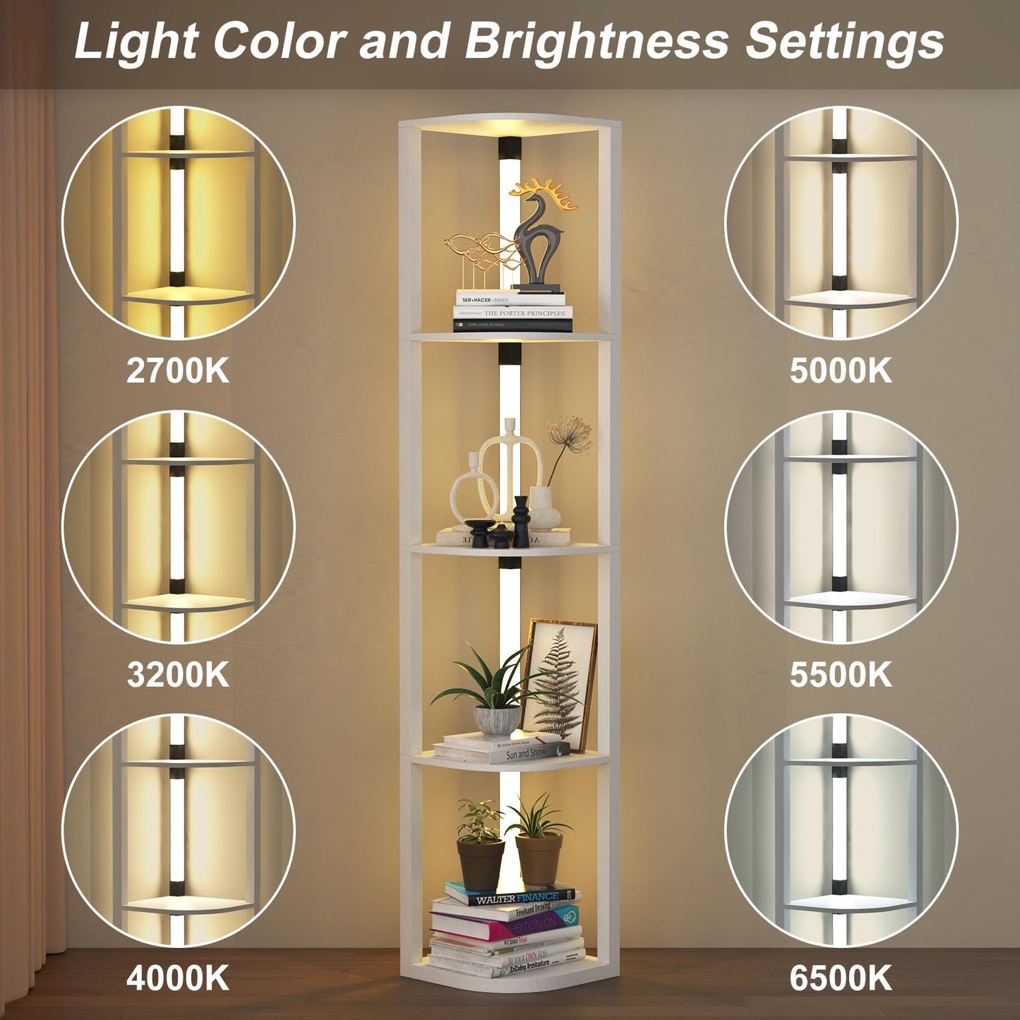VTRIN Corner Shelf with Light, Floor Lamps with Shelves for Living Room, Small Space, Modern Home Decor Stand Sturdy 5-Tier Corner Bookshelf Cabinet Display Shelf for Collectibles, White