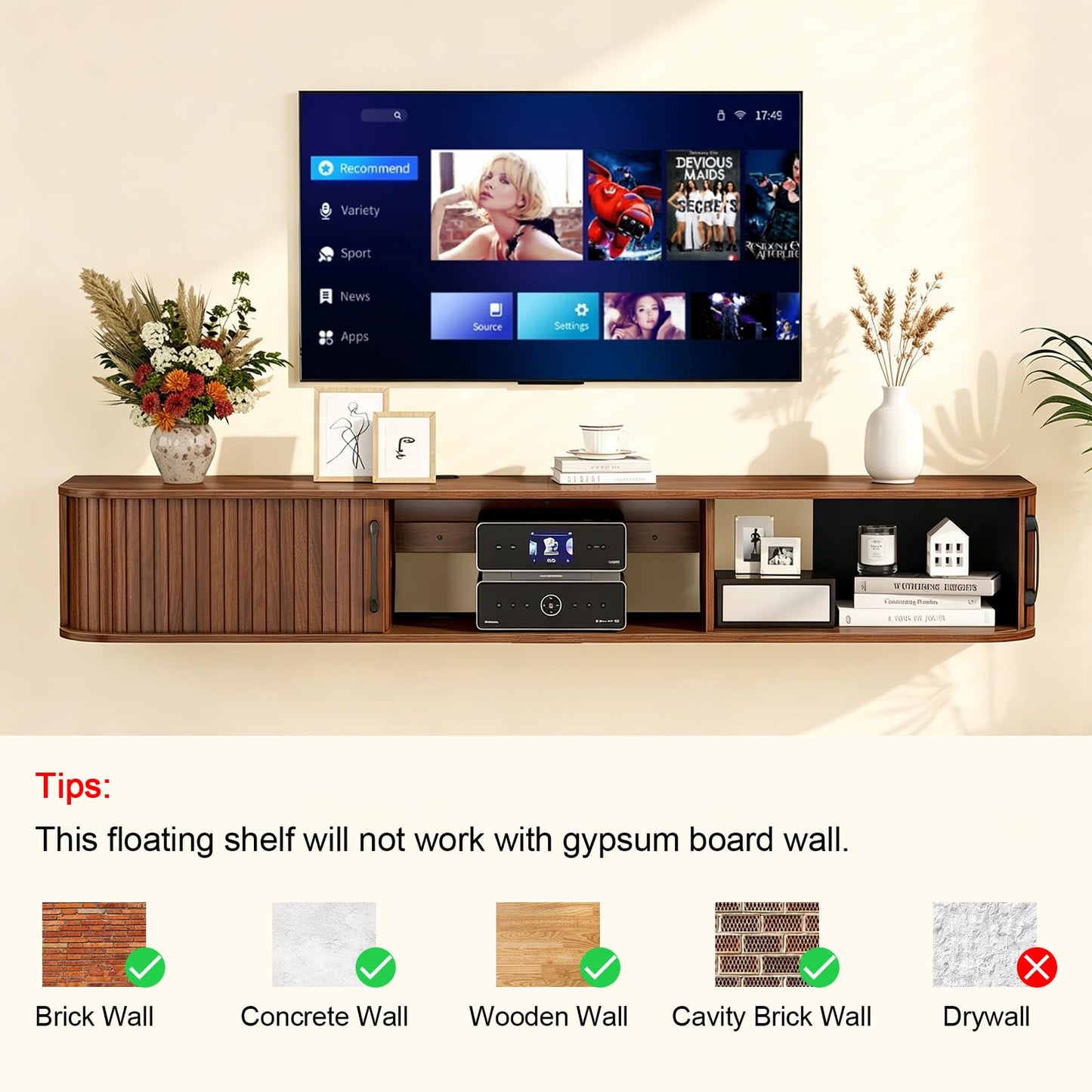 Snughome 55" Floating TV Stand for TVs up to 65", Fluted Floating Entertainment Center with Sliding Door, Wall Mounted TV Shelf, Mid-Century Modern TV Console for Living Room, Bedroom