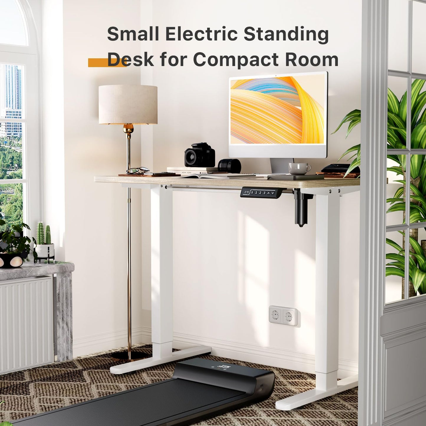 JOY worker Small Electric Standing Desk, 35" x 20" Whole Piece Height Adjustable Desk with Memory Controller, Light Walnut Sit to Stand Workstation for Home Office