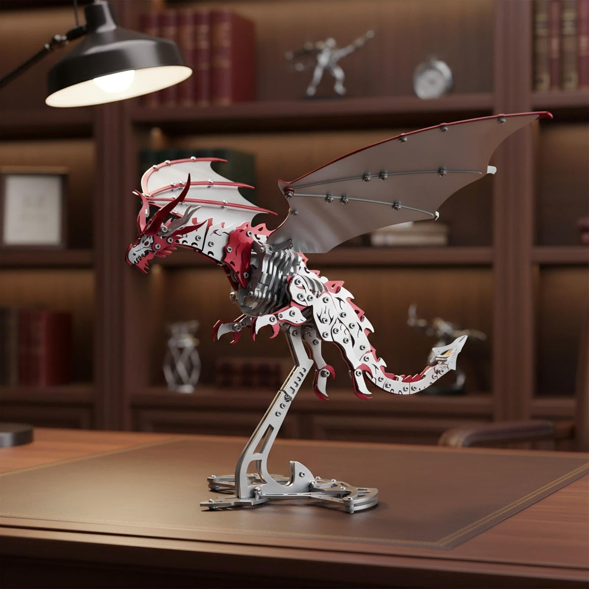 Dragon 3D Metal Puzzles for Adults, 373 PCS Stainless Steel DIY Mechanical Metal Model Kits,No Glue Assembly with Movable Joints,Challenging Metal Building Kit Desk Decor Gift(Silver Red Dragon)