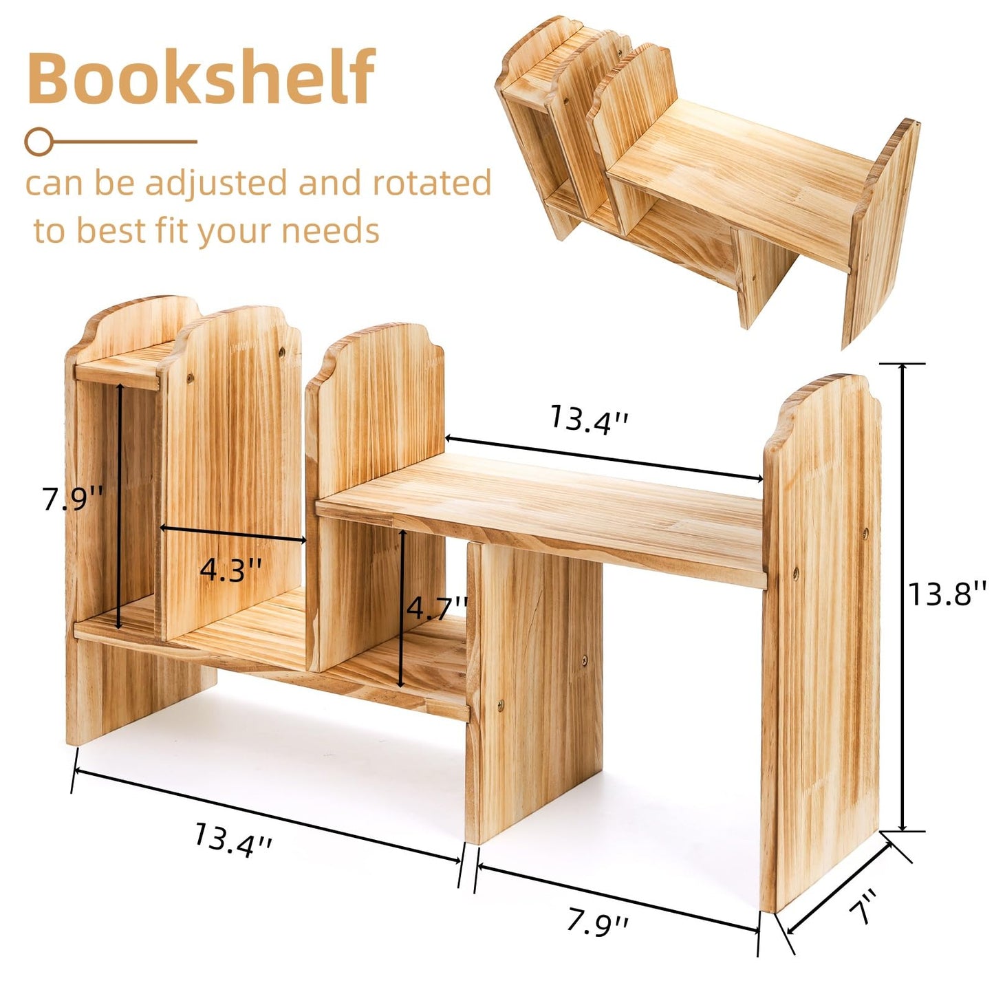 WRINGKIT Adjustable Desktop Storage, Wood Display Bookshelf with 7 Compartments, Expandable Desk Shelf Hutch, Office Storage Rack for Desk Table Storage and Organization