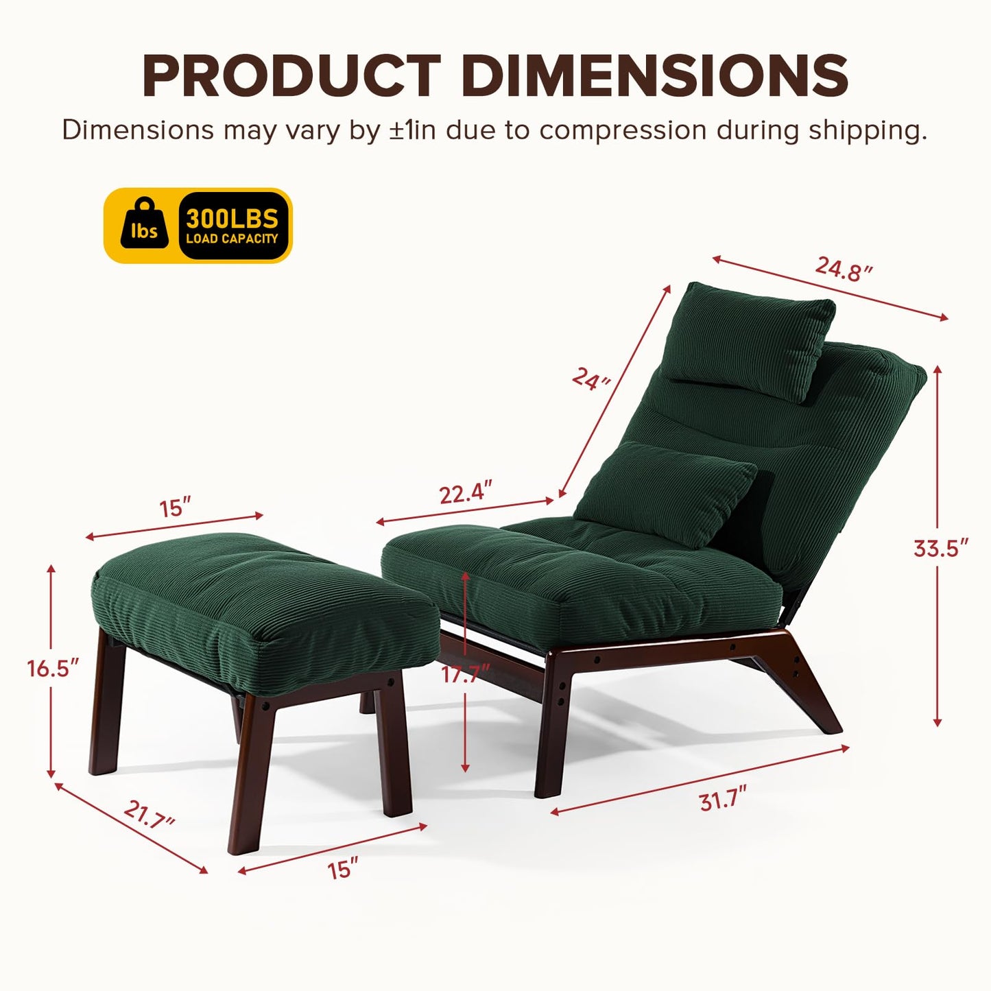 GEMBED Accent Chair with Ottoman Adjustable Backrest, Comfy Lounge Chair Single Sofa with Headrest Lumbar Pillow, Reading Chair with Footrest for Bedroom, Living Room, Green