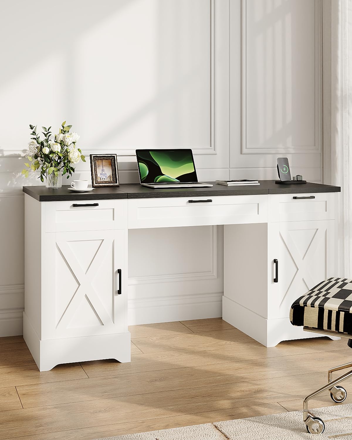 HOPUBUY Farmhouse Executive Desk with File Drawers,Wood Home Office Desk w/Charging Station,Adjustable Storage Cabinets,White Computer Writing Desk for Work,Study