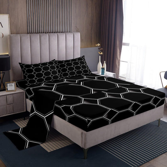Erosebridal Honeycomb Bed Sheets Set Queen Size Geometric Hexagonal Beehive Sheet Set for Boys,3D Stereoscopic Grey Hexagon Sheets,Neon Simplistic Geometrical Black Room Decor