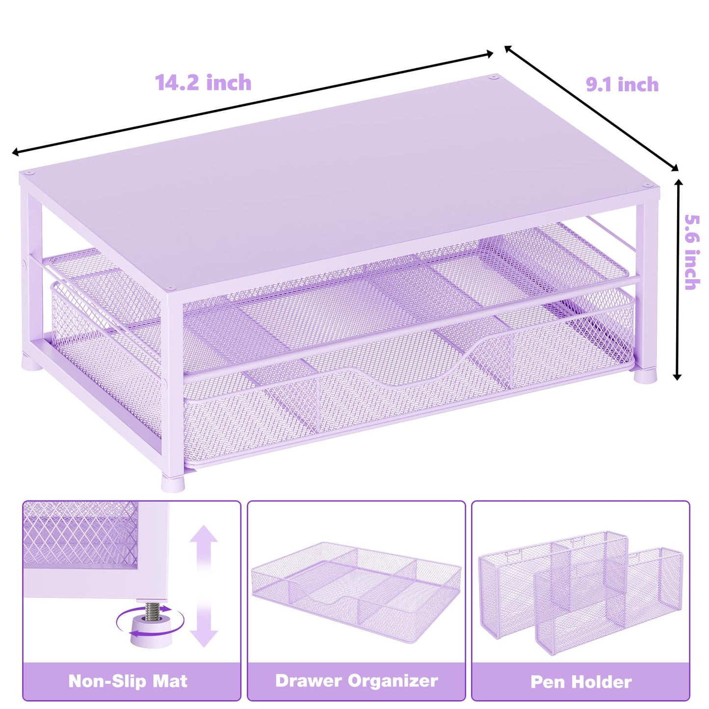 OPNICE Desk Organizers and Accessories, 2-Tier Computer Monitor Stand Riser with Drawer and 2 Pen Holders, Laptop Stand, Office Desk Accessories & Office Decor for Women, Purple