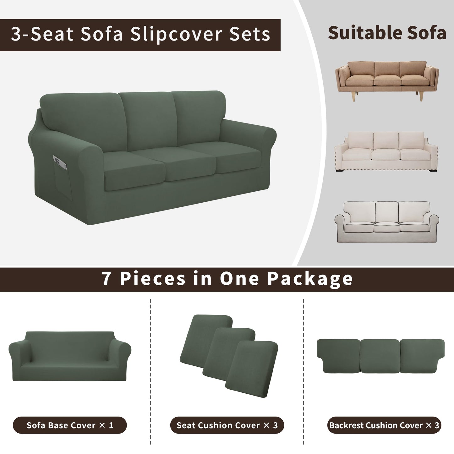 Easy-Going 7 Pieces Stretch Couch Cover Washable Sofa Cover Set for 3 Backrest and Seat Cushion Couch Anti-Slip Sofa Slipcover Furniture Protector with Elastic Bottom (Large, Grayish Green)