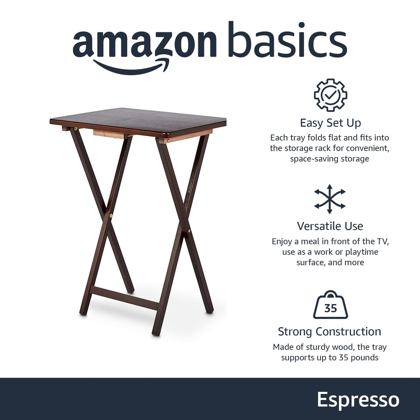 Amazon Basics Portable Foldable TV Tray Table with Storage Rack, Space-Saving Design, Sturdy Wood, 14.6"L x 19"W x 26"H, Espresso, 4-Pack