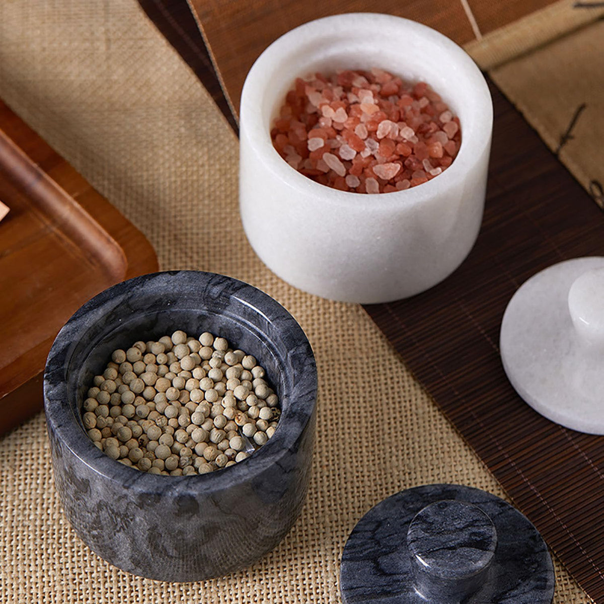 Aturalux Marble Salt Cellar with Lid & Spoon, 3" Black Salt Container for Countertop, Spice Jar, Stone Storage Box for Kitchen and Bathroom
