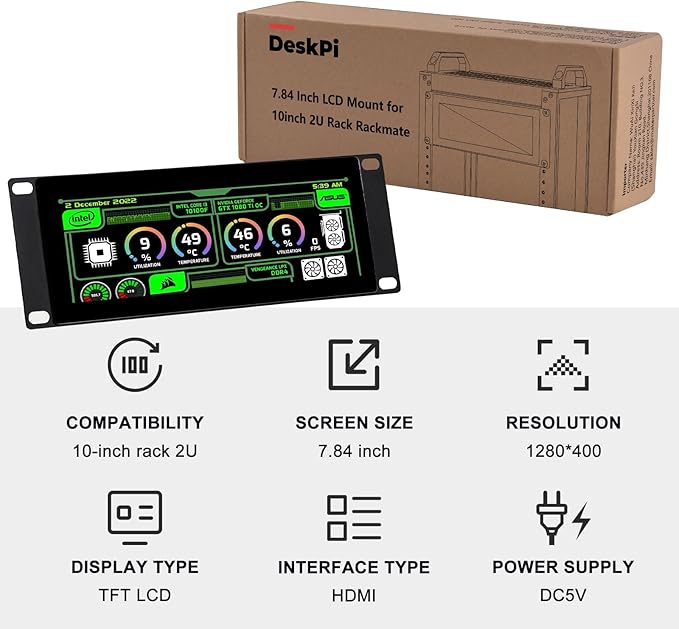 GeeekPi 7.84 inch 1280x400 LCD Touch Screen 2U Rack Mount Monitor