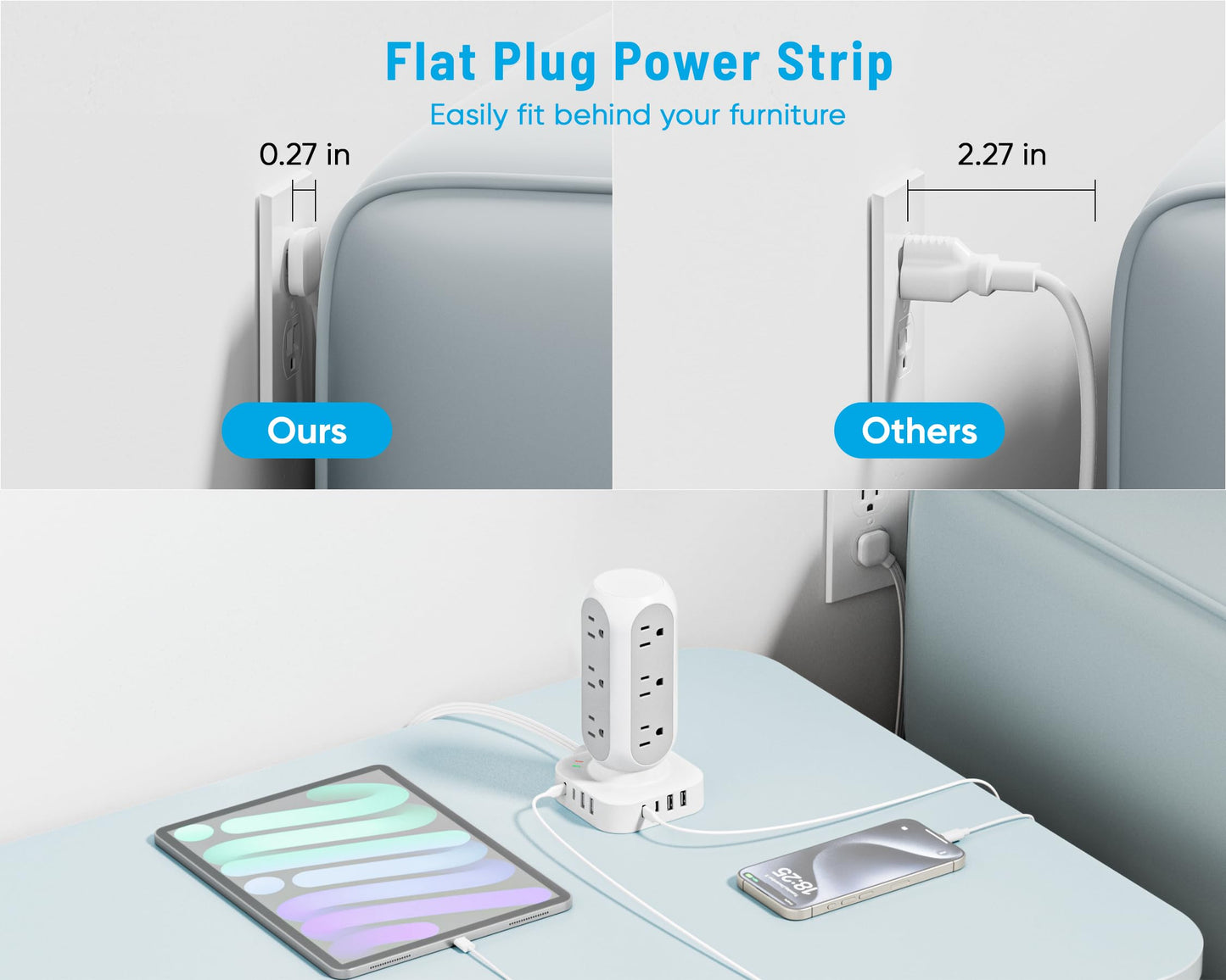 Flat Plug Power Strip Tower 10FT, 40W Total Fast Charging Station, Dual PD 20W USB-C Charger Tower with 12 AC Outlets and 8 USB Ports (4 USB C), Long Extension Cord for Home Office Dorm Room