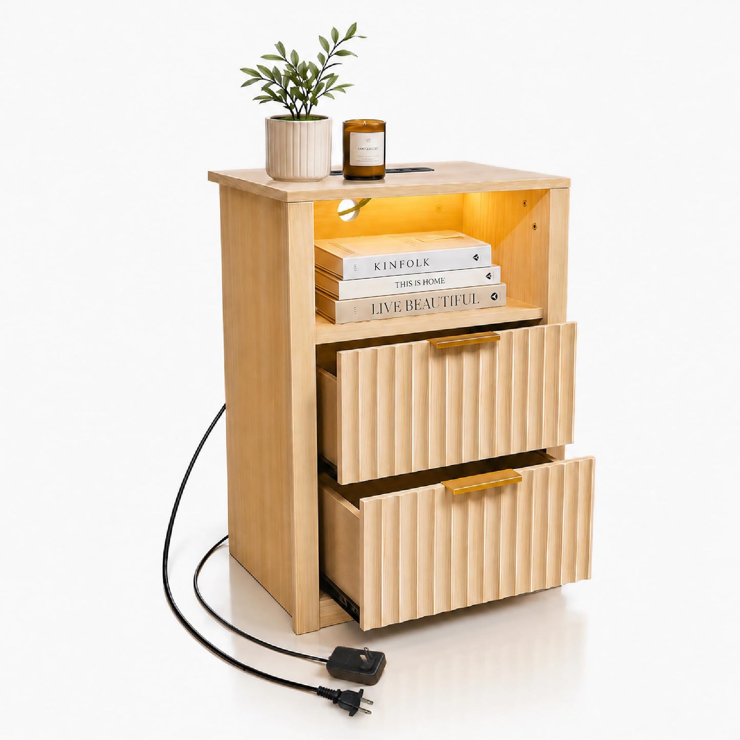 Fluted Nightstand with Charging Station & LED Light, 2 Drawer Bedside Table with Open Shelf, Modern Mid Century End Table with USB Outlet for Bedroom, Small Spaces, Oak, 18.5" x 11.8" x 25.6"