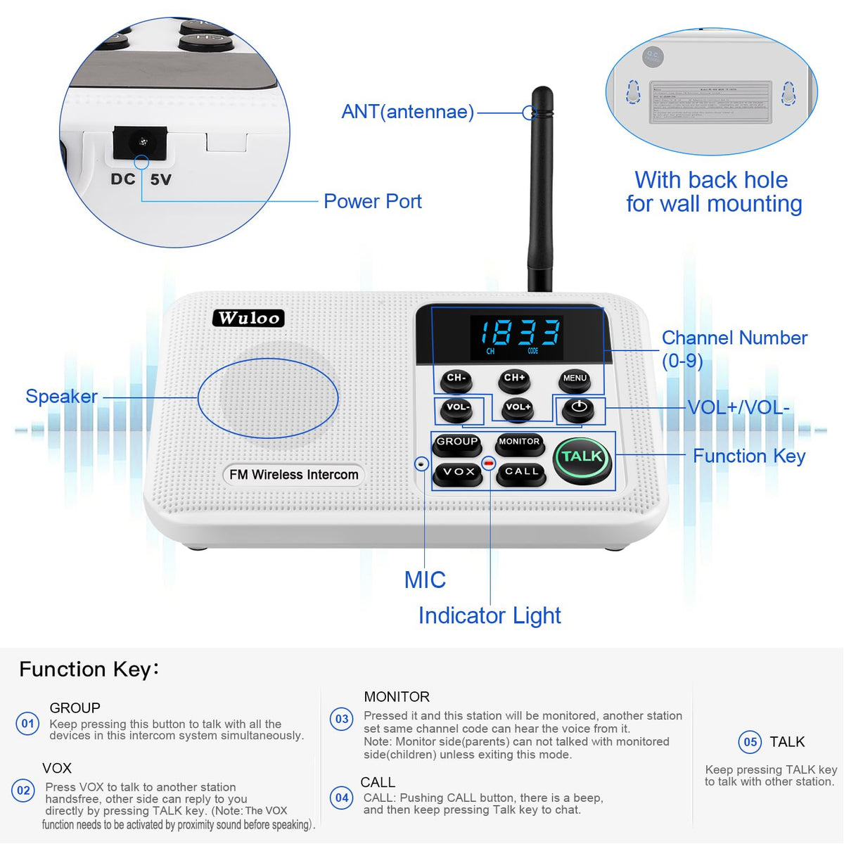 Wuloo Intercoms Wireless for Home 1 Mile Range 22 Channel 100 Digital Code Display Screen, Wireless Intercom System for Home House Business Office, Room to Room Intercom Communication(2Station, White)