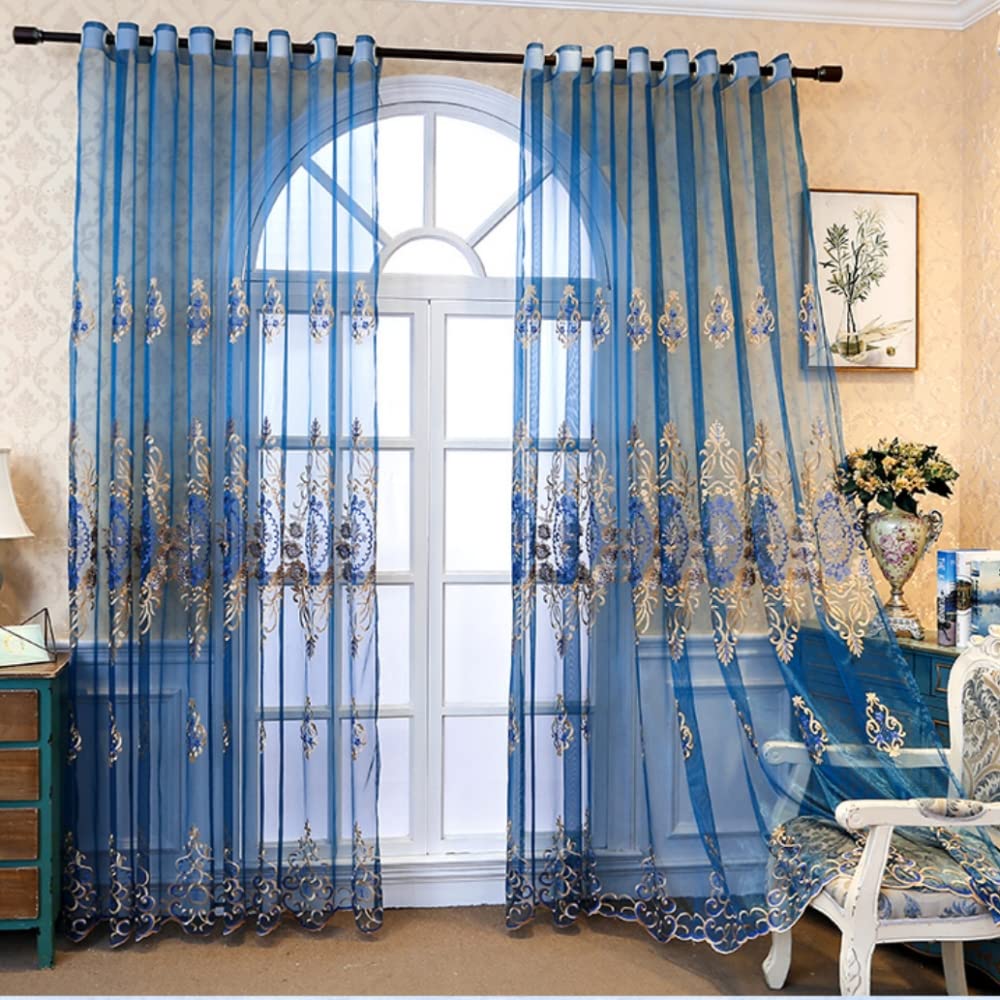 Amidoudou 1 Pair European Jacquard Sheer Curtains for Living Room Bedroom Luxury Embroidered Tulle Curtains (Blue,52x90 Inch)