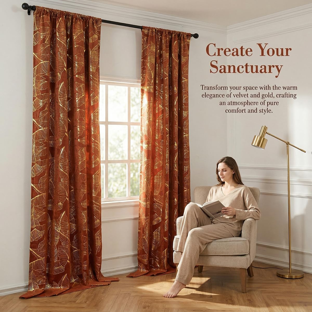 Tootop Burnt Orange Velvet Curtains Leaf Gold Foil Print 63" Long Soft Shiny Thick Fabric Insulated Blackout 70% Decorative Luxury Living Room Elegant Bedroom Rod Pocket 2 Panel (52" W x 63" L)